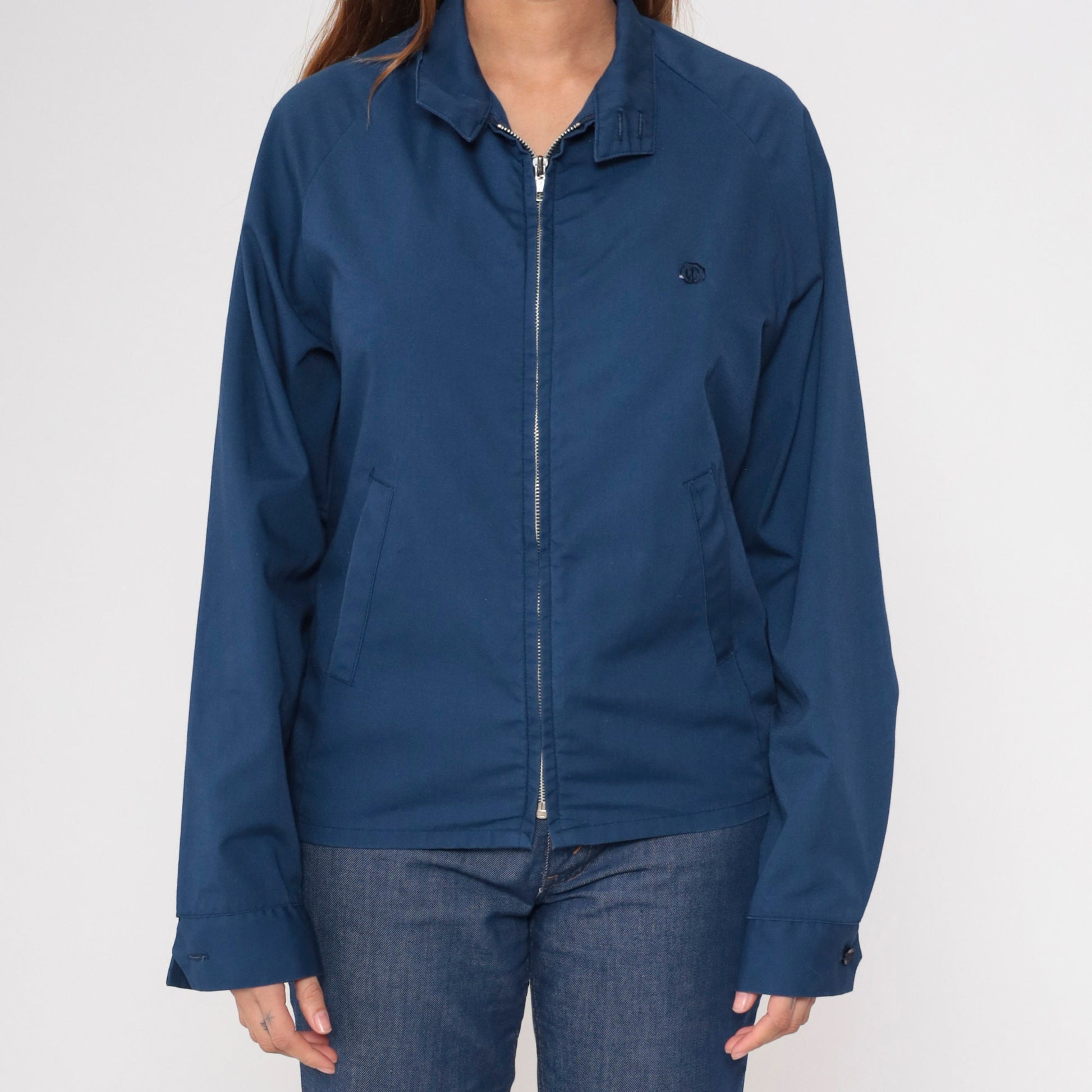 80s Navy Windbreaker Jacket Embroidered Crest Raglan Zip Medium