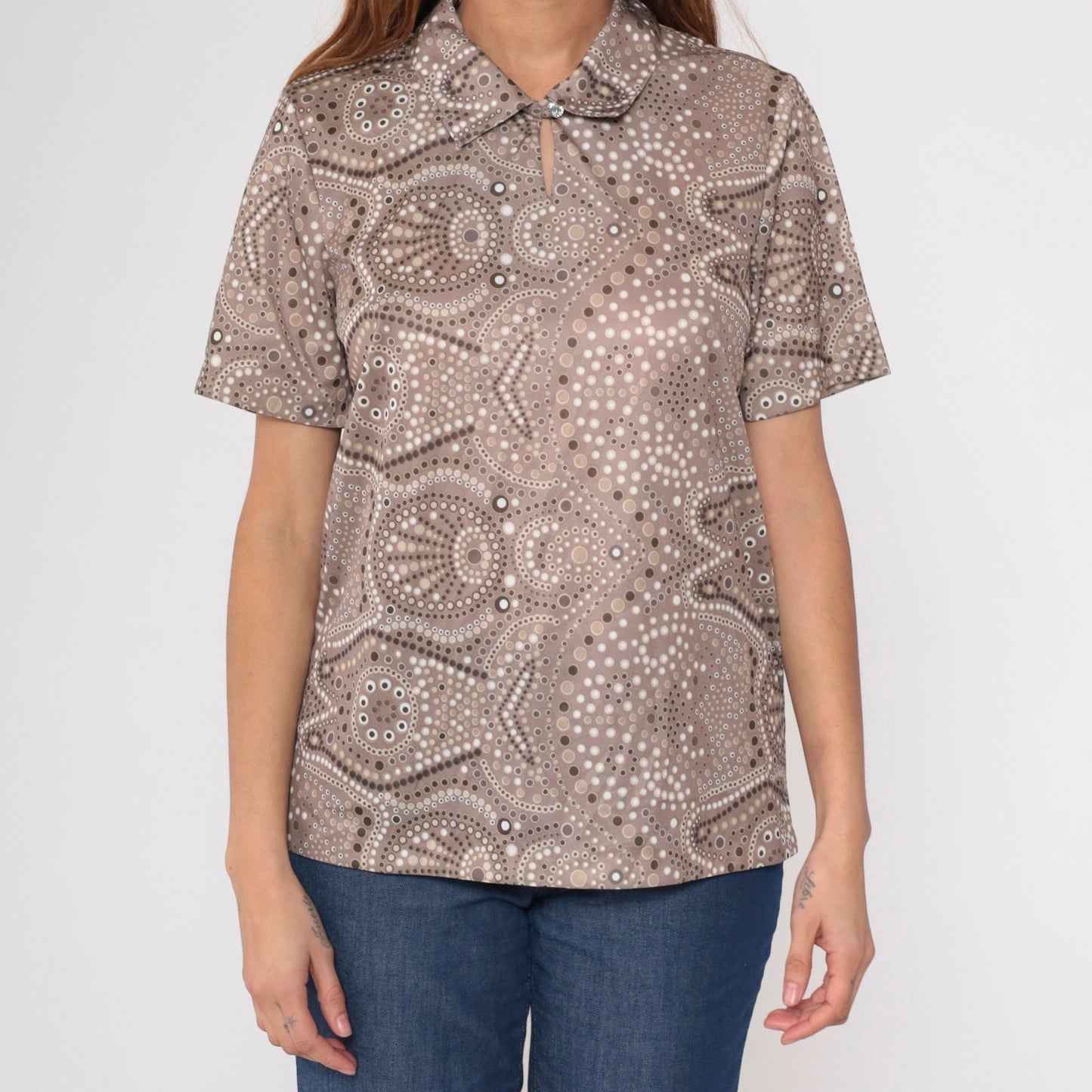 90s Blair Taupe Geometric Dot Blouse Keyhole Neck Short Sleeve Medium M