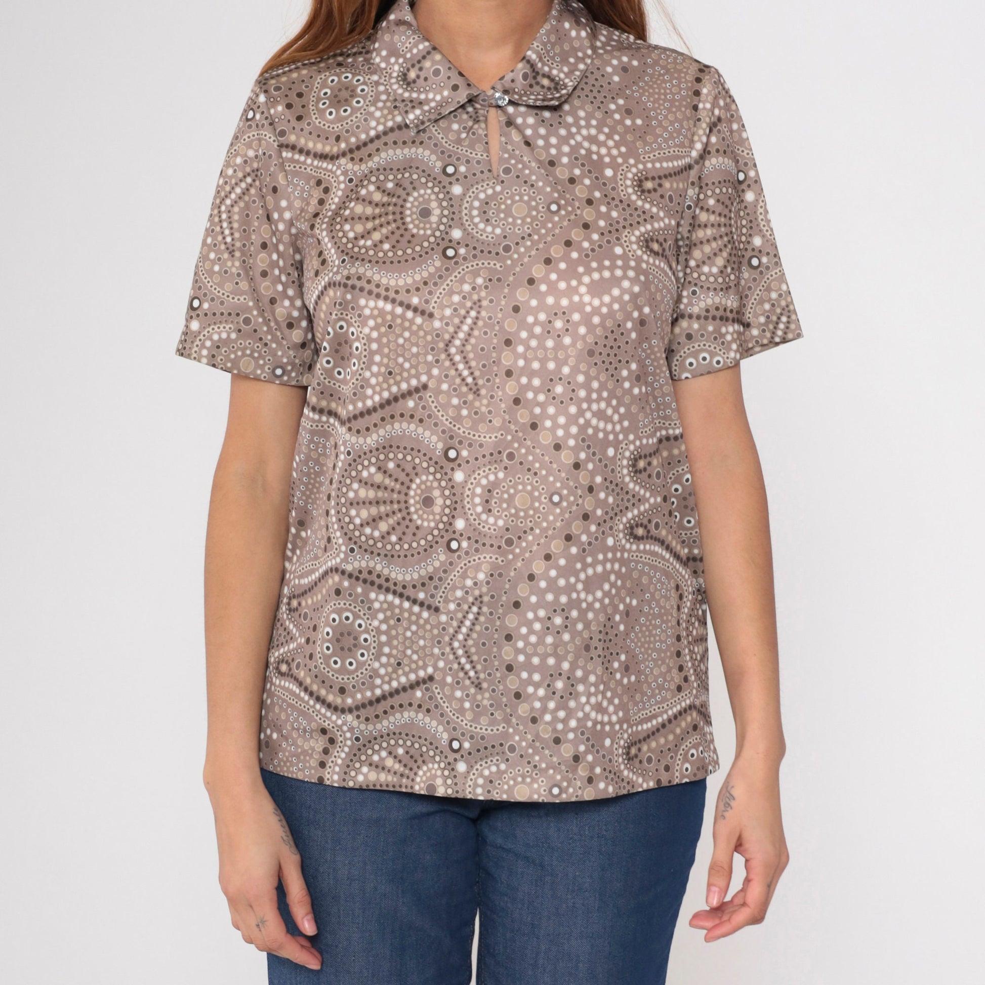 90s Blair Taupe Geometric Dot Blouse Keyhole Neck Short Sleeve Medium M