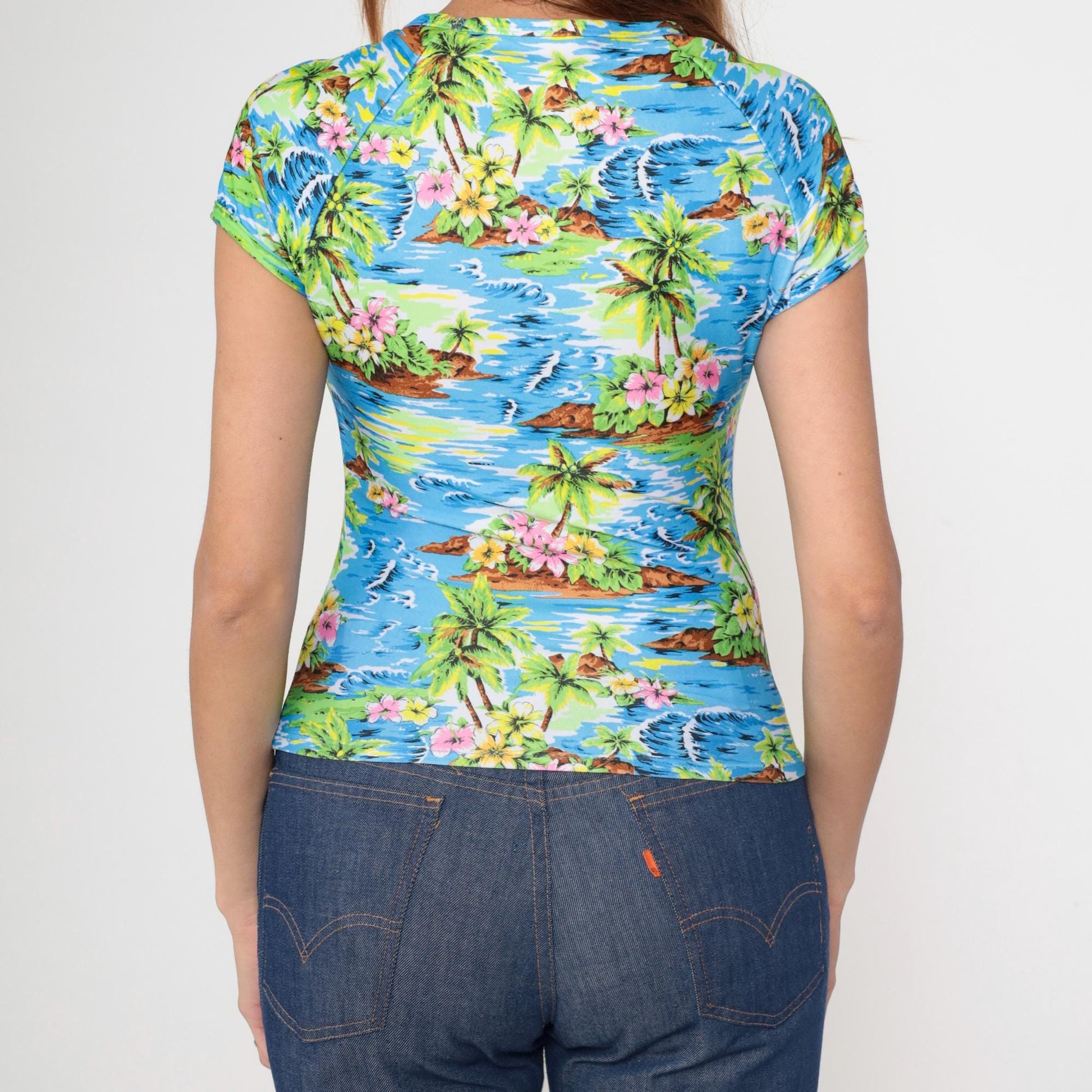 90s Hawaiian Tropical Floral Raglan Baby Tee Medium