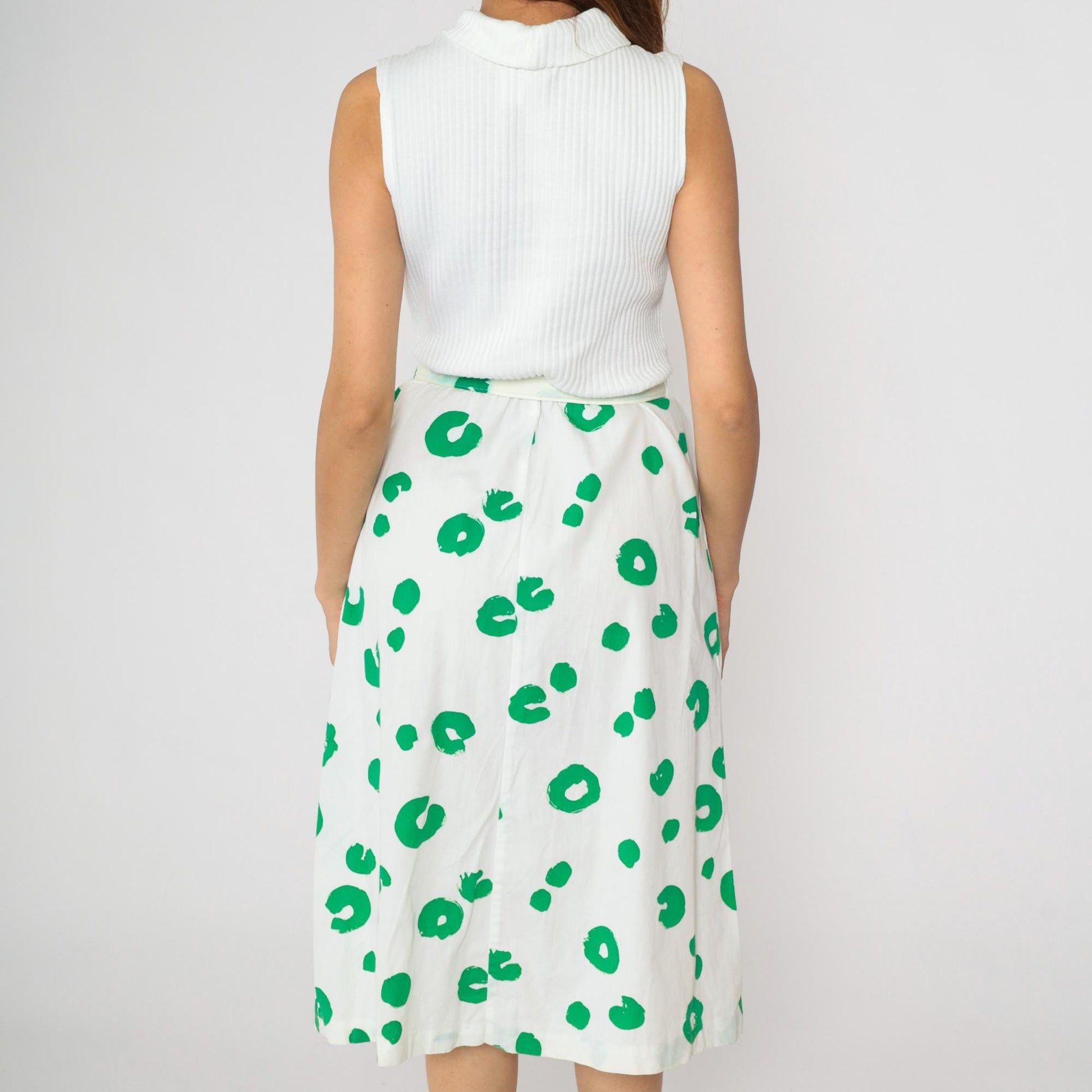 80s White Green Dot Midi Dress Mock Neck High Waist Belted Small