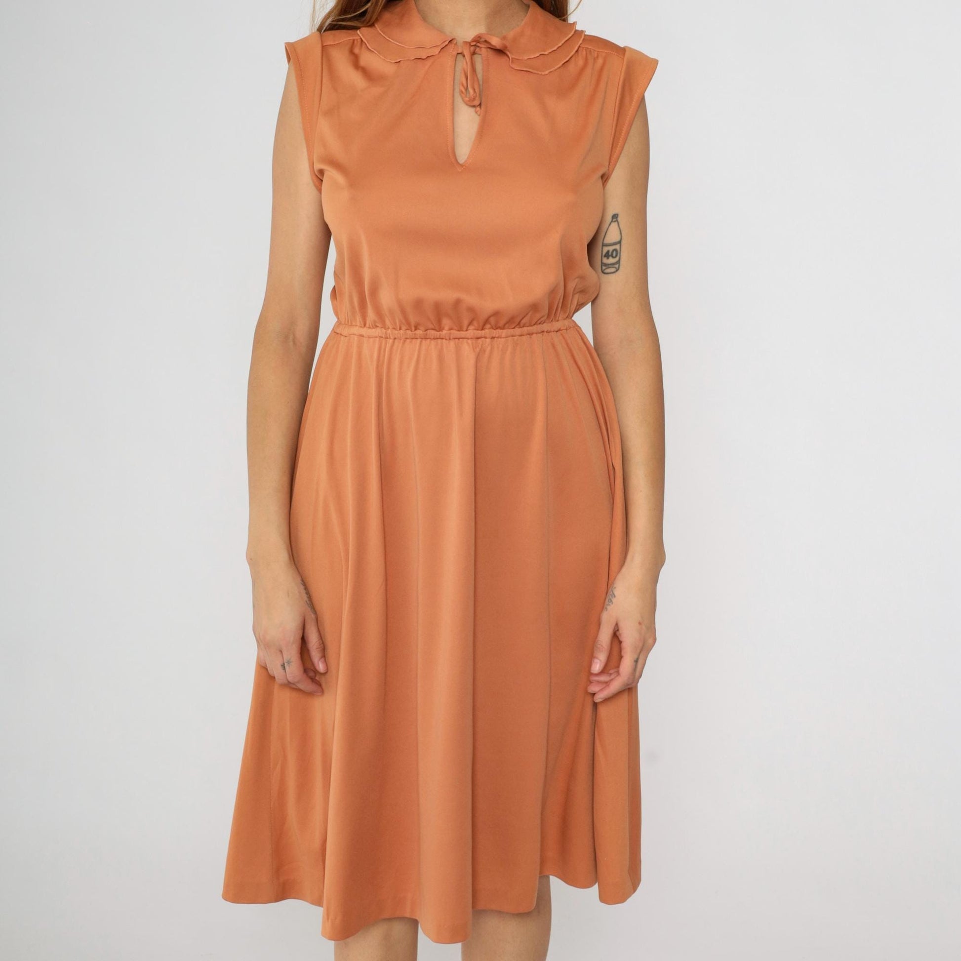70s Burnt Orange Keyhole Midi Dress Peter Pan Collar Cap Sleeve Small
