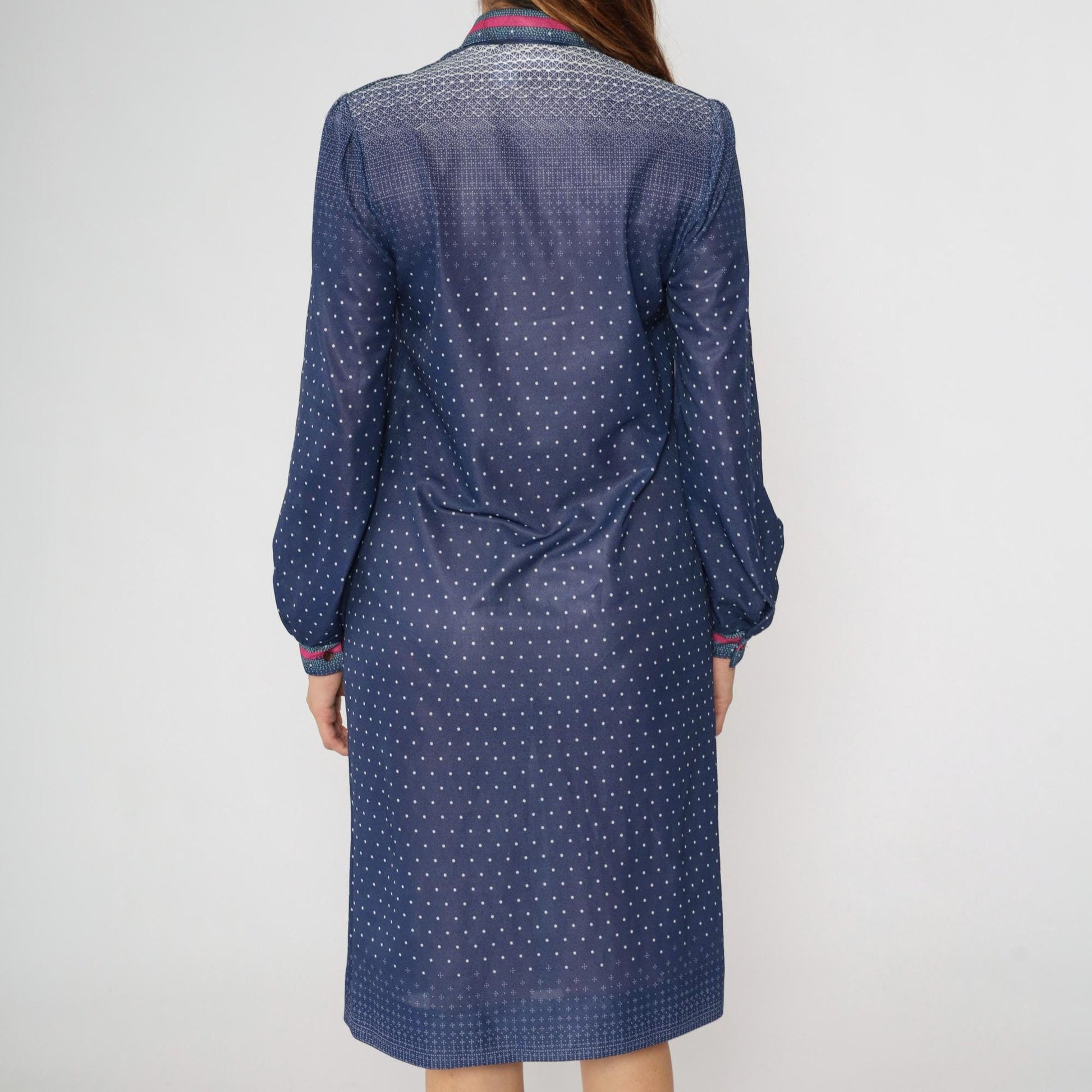 70s Dark Blue Polka Dot Shirtdress Midi Puff Sleeve Collared Button-Up Medium