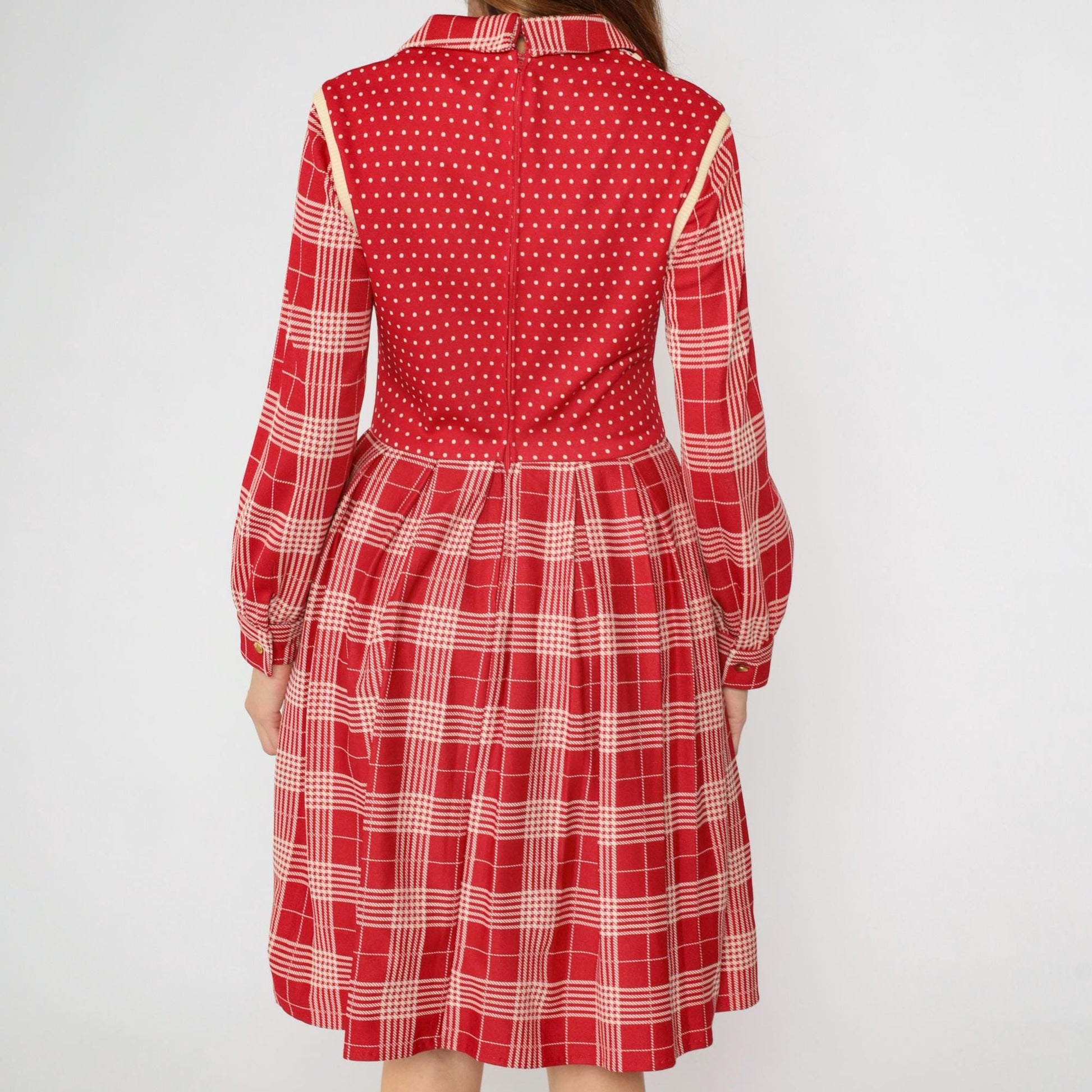 70s Plaid Polka Dot Dress Red High Waist Pleated Vest Midi Medium