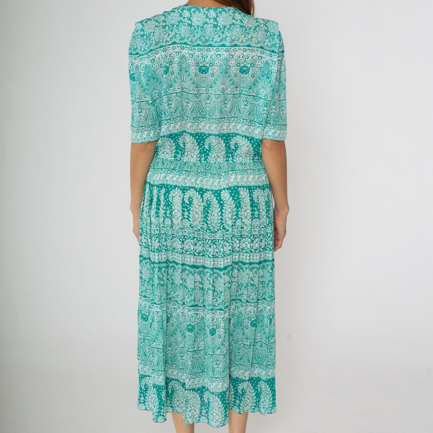 80s Green Paisley Midi Shirtwaist Dress High Waisted Pleated Short Sleeve Large L