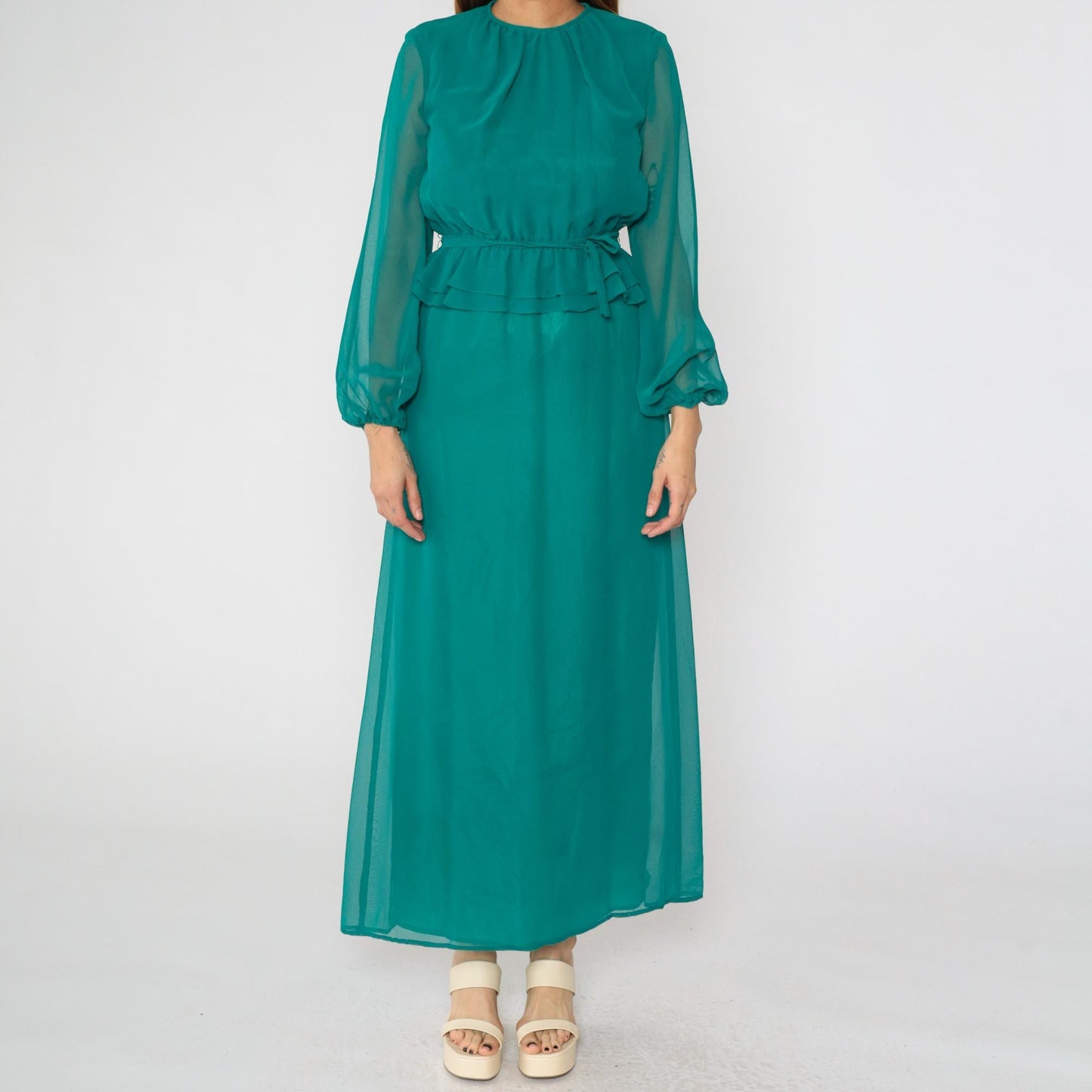 70s Teal Chiffon Maxi Dress High Waist Ruffle Sheer Sleeves Small