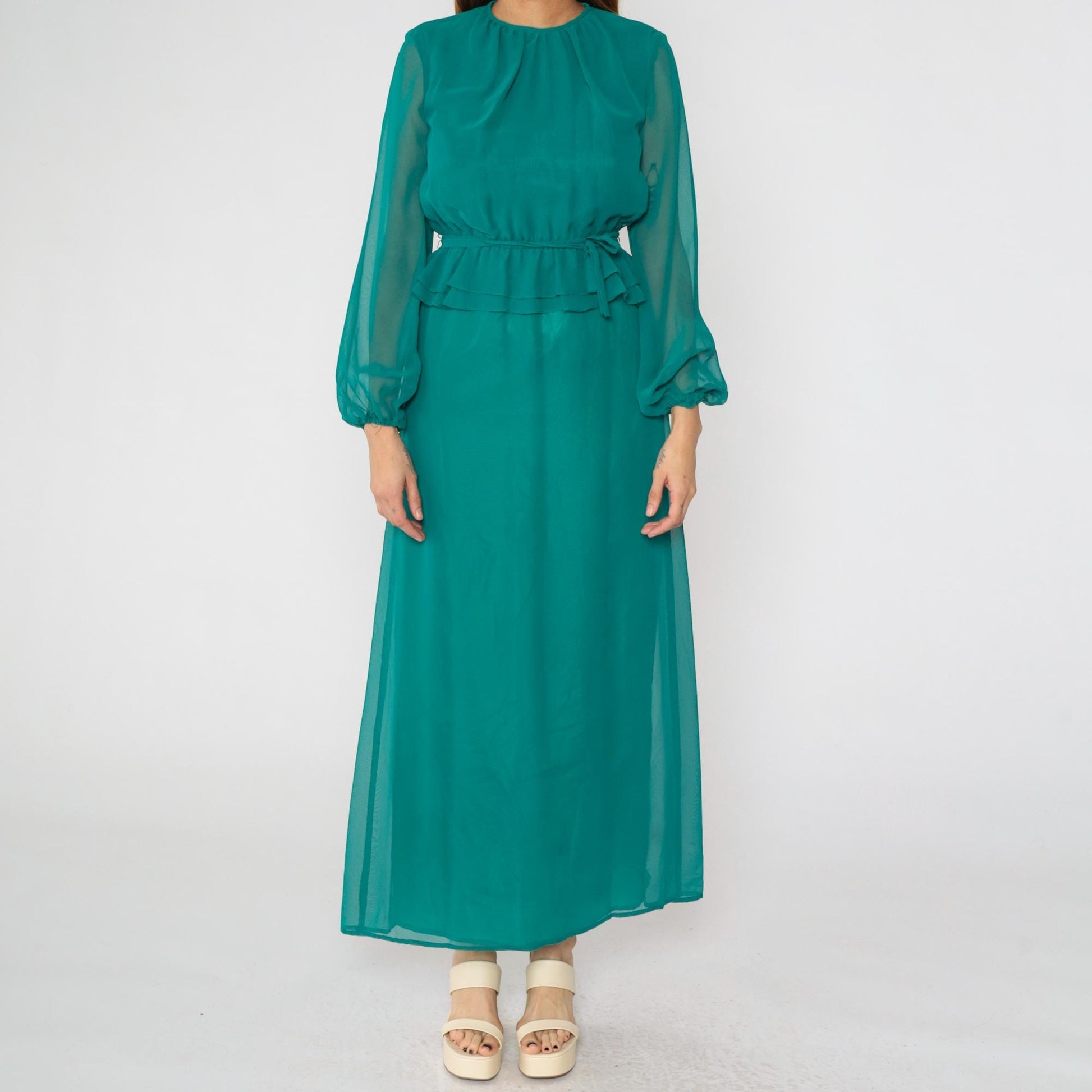 70s Teal Chiffon Maxi Dress High Waist Ruffle Sheer Sleeves Small
