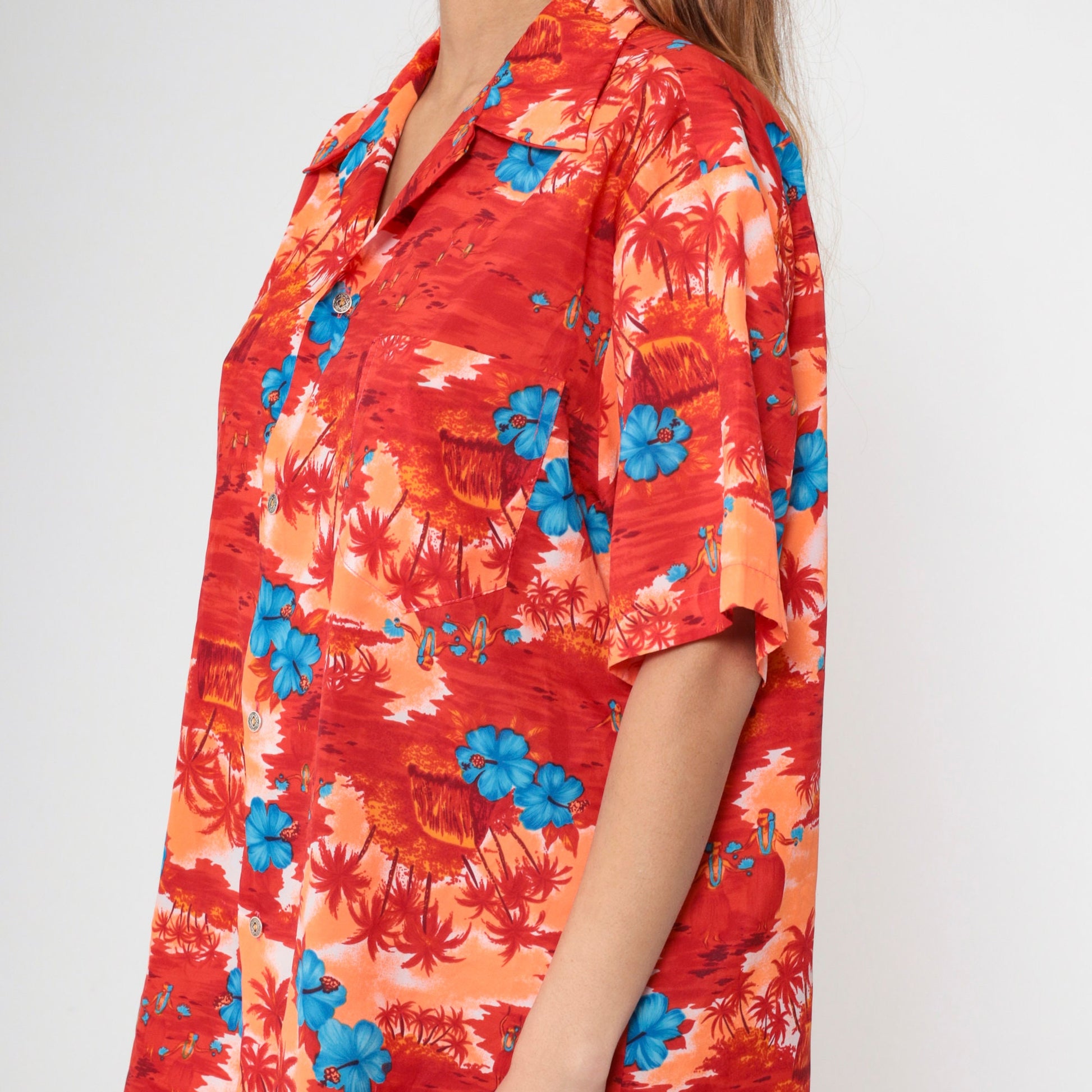 70s Hawaiian Shirt Tropical Floral Hula Dancer Palm Print Button Up Extra Large