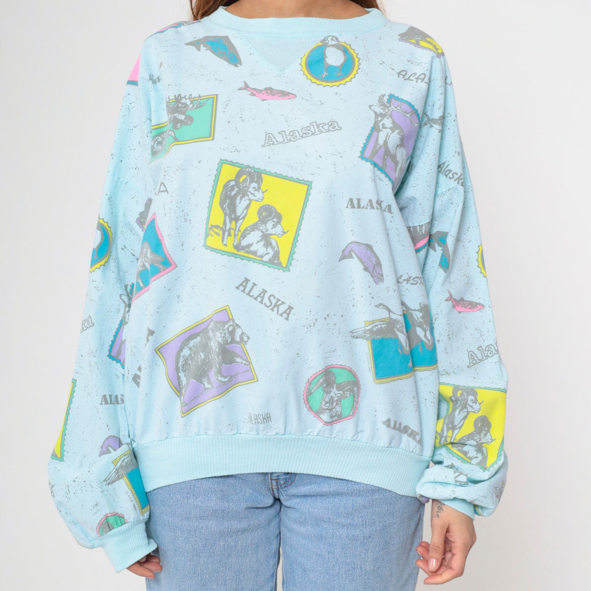 80s Alaska Wildlife Graphic Sweatshirt Light Blue Cotton Pullover Extra Large XL