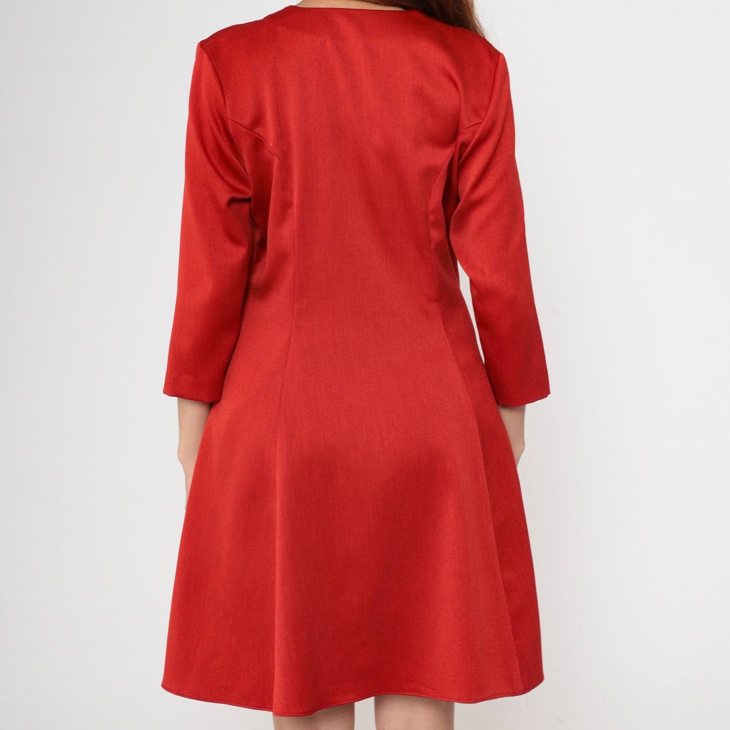 80s Red Button-Up Shirtdress V-Neck Princess Seam Flare Large