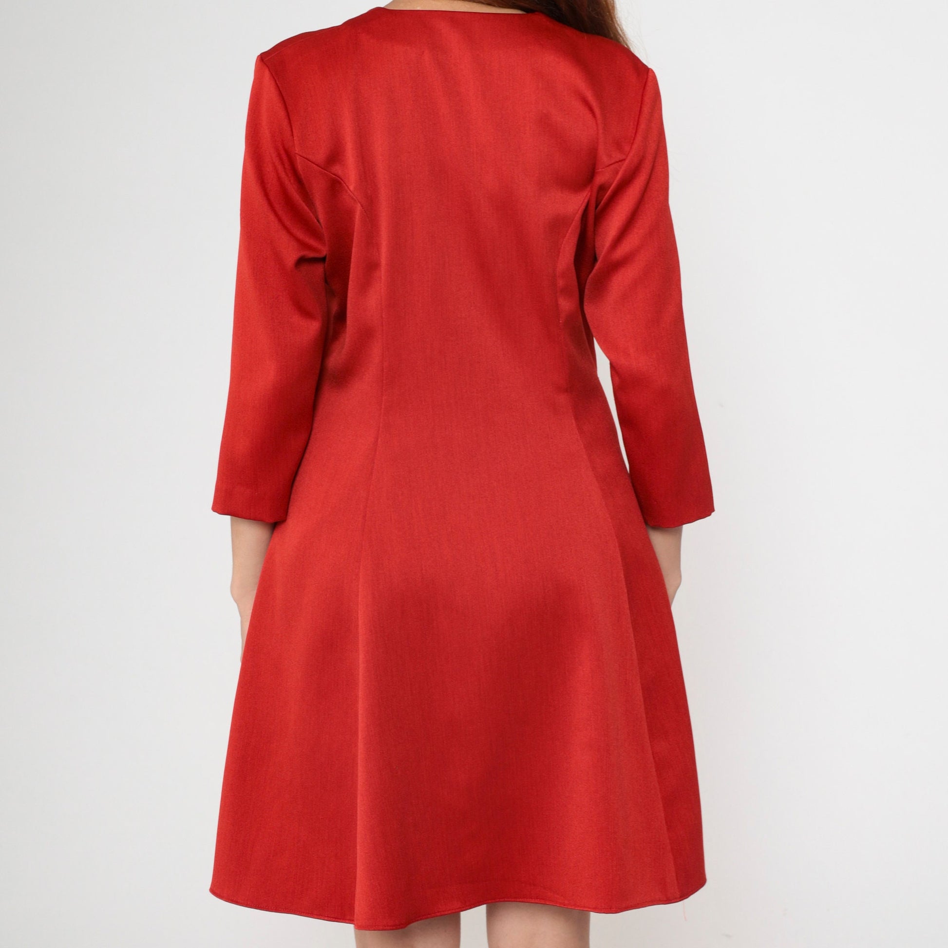 80s Red Button-Up Shirtdress V-Neck Princess Seam Flare Large