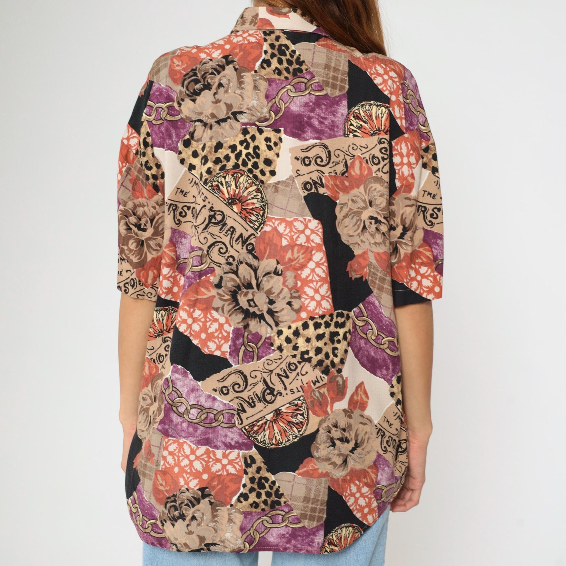 90s Caliche Mixed Print Button Up Blouse Floral Leopard Chain Coral Taupe Large L