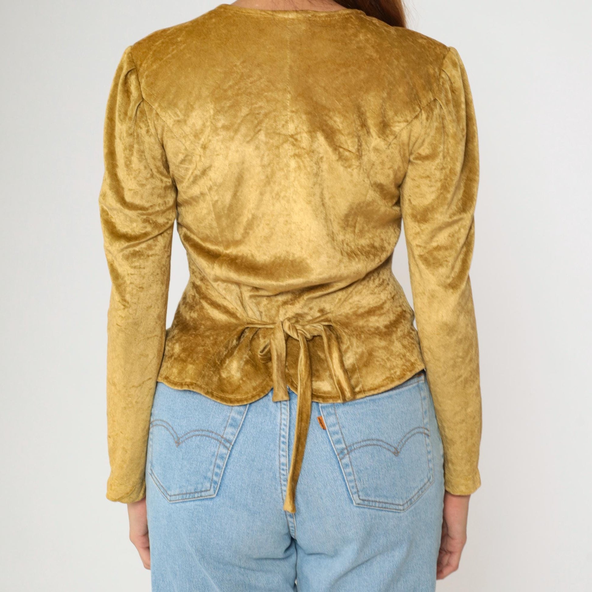 80s Betty Barclay Gold Velour Blouse Puff Sleeve Scalloped Button Medium