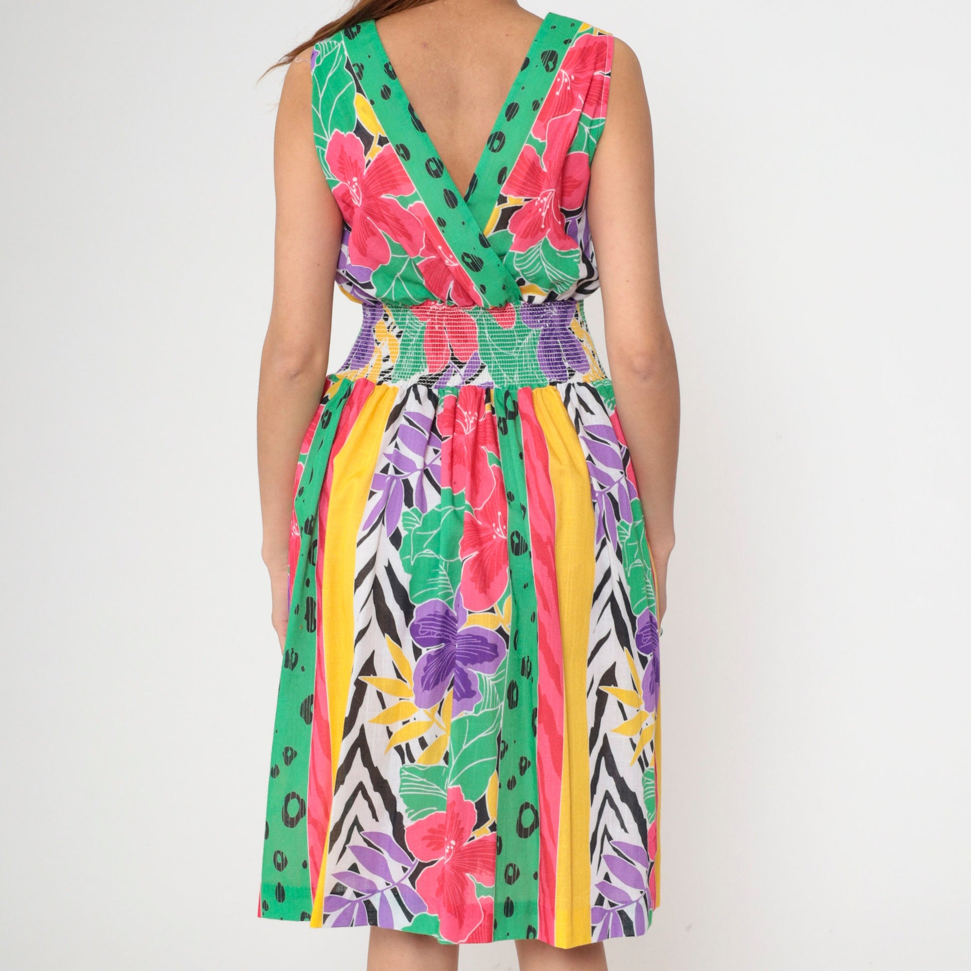 80s Melissa Lane Floral Stripe Midi Dress Smocked Waist V-Neck Small Medium