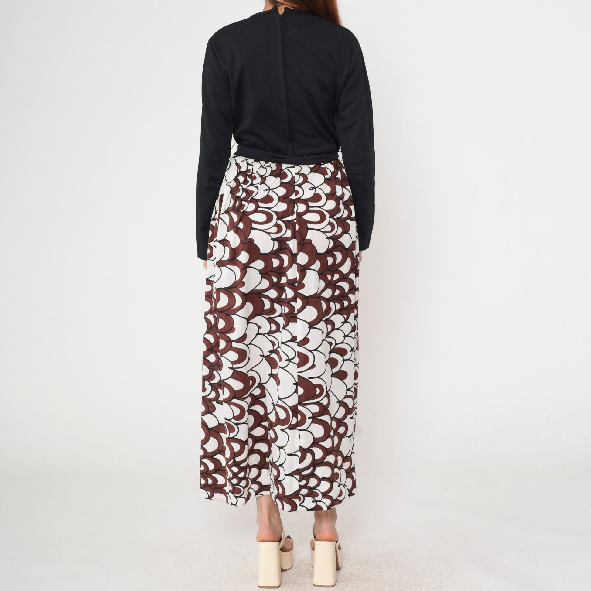 70s Psychedelic Brown White Maxi Dress A-Line High Waist Long Sleeve Large L