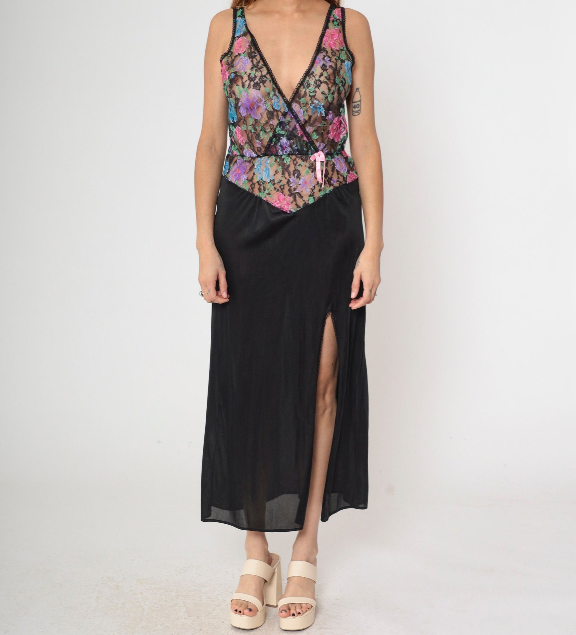 80s Floral Lace Black Maxi Slip Dress Deep V Neck Side Slit Nightgown Small