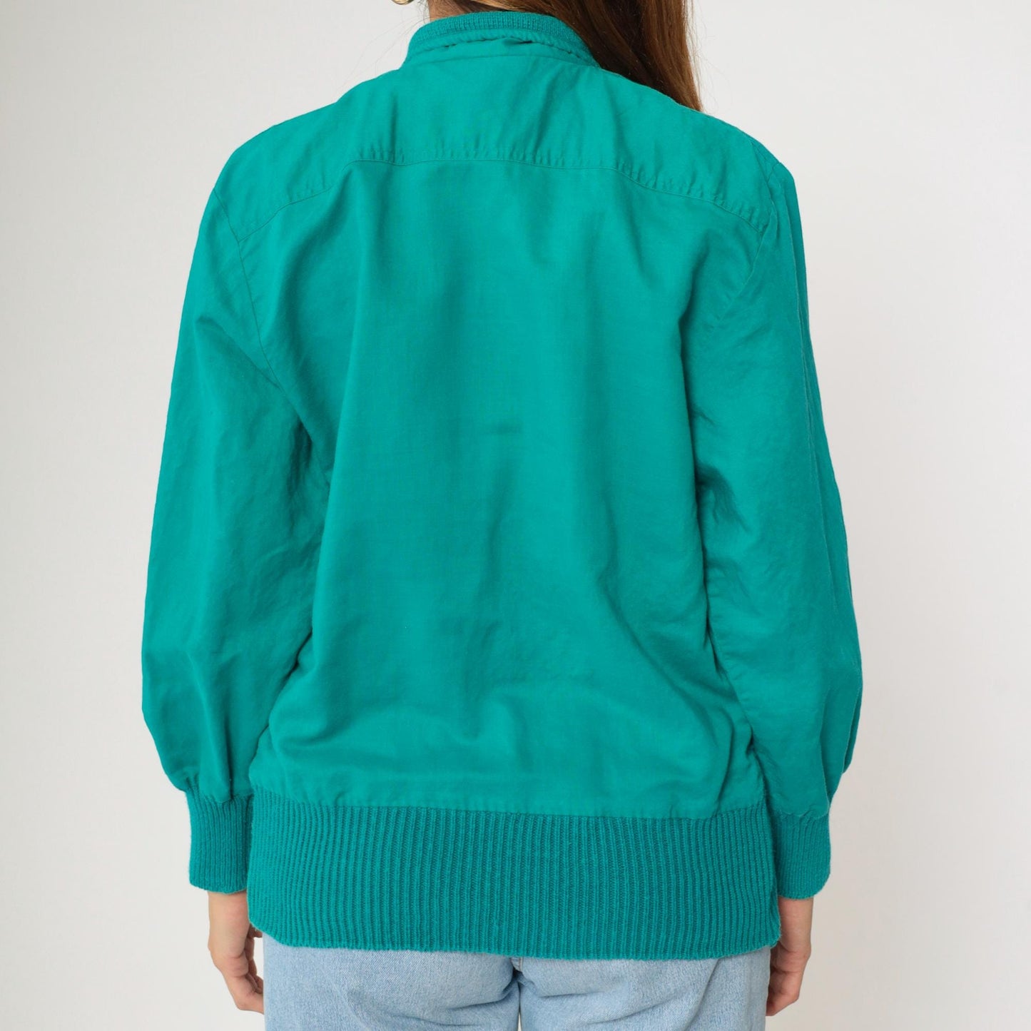 90s Teal Cable Knit Sweater Blouse Chest Pocket Ramie Cotton Medium