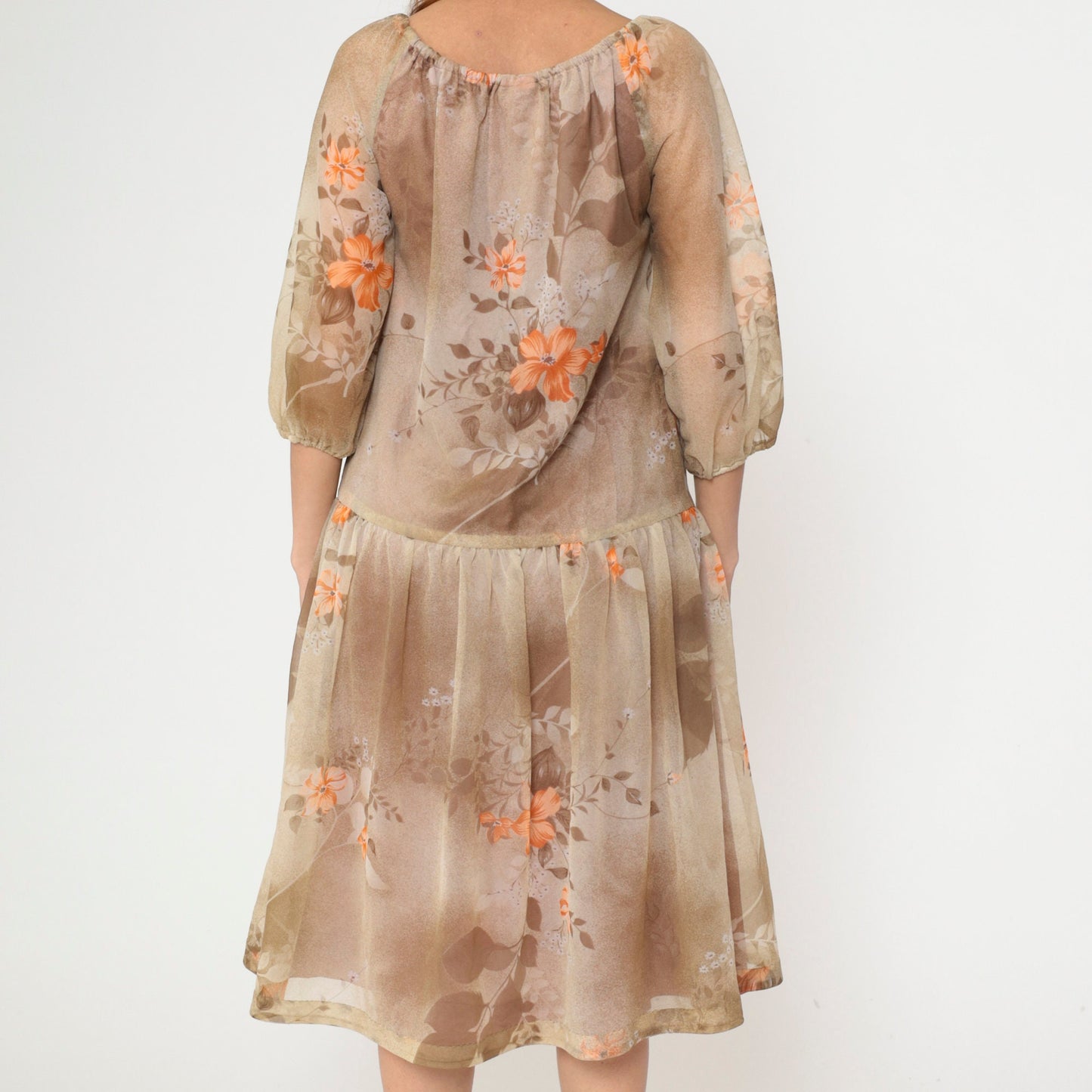 70s Brown Floral Midi Dress Keyhole Bow Neckline Drop Waist Medium