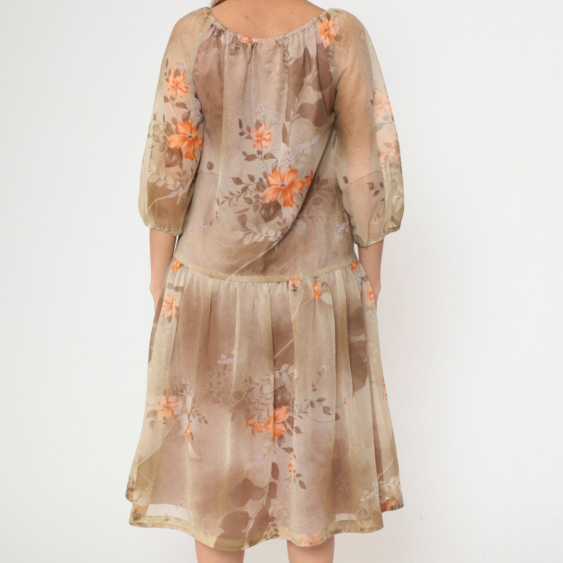 70s Brown Floral Midi Dress Keyhole Bow Neckline Drop Waist Medium