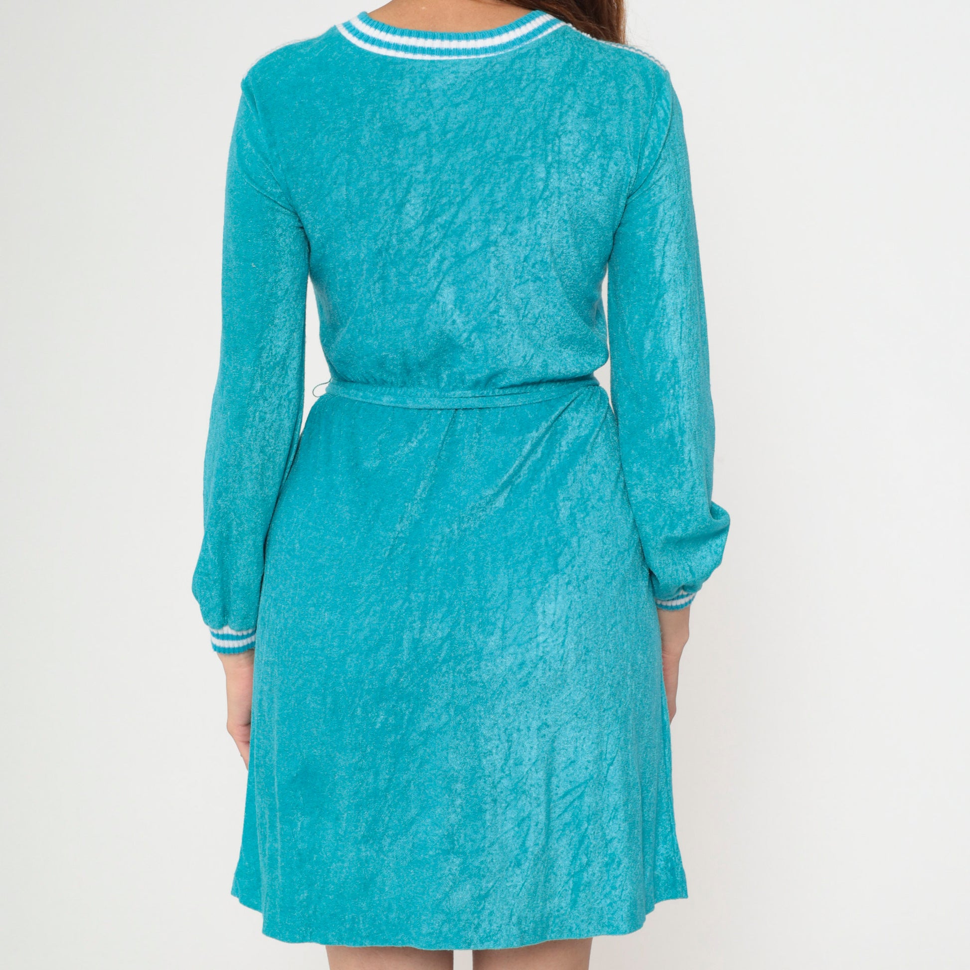 70s Turquoise Terry Cloth Mini Dress V-Neck Long Sleeve Elastic Waist Extra Small