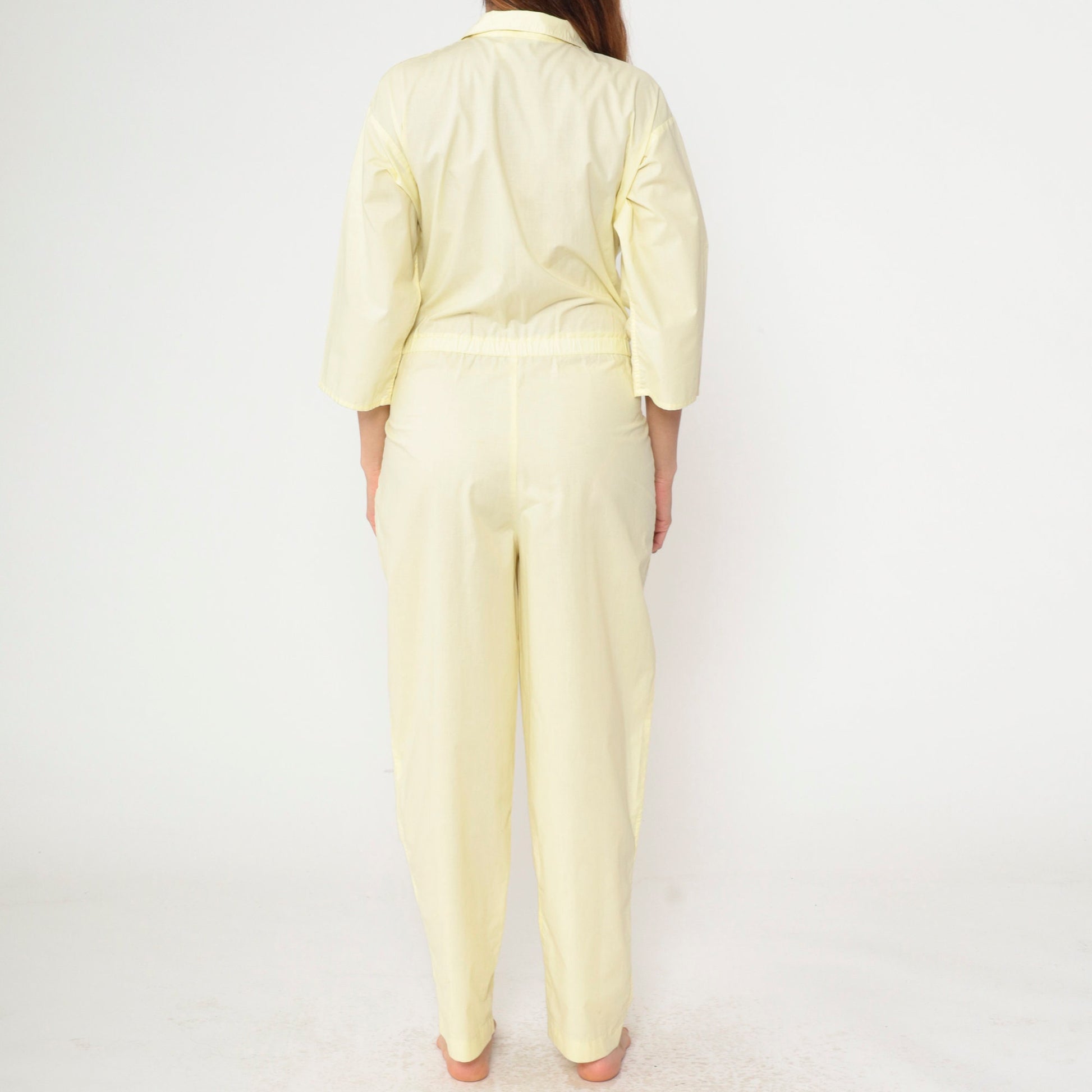 80s Yellow Jumpsuit Snap Button Tapered Leg Basque Waist Chest Pocket Medium