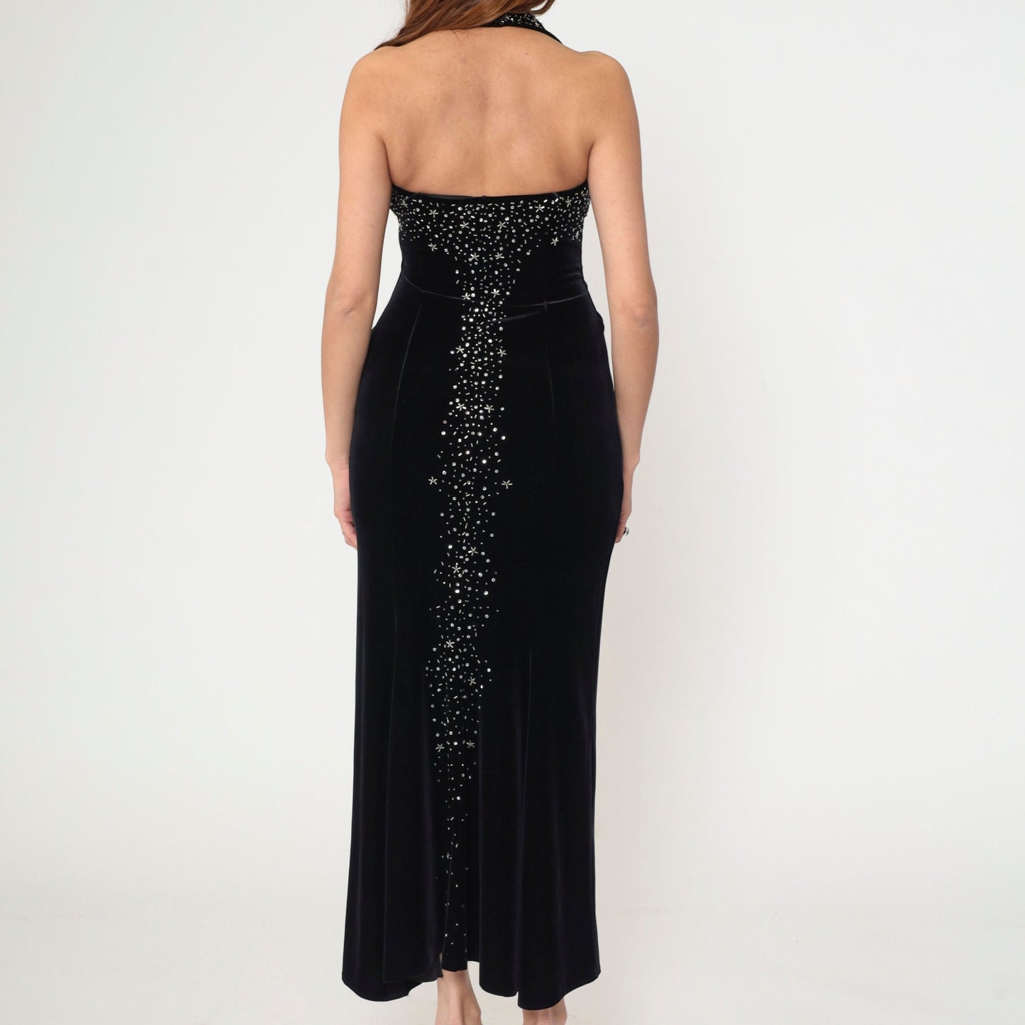 90s Dave & Johnny Black Velvet Halter Maxi Dress Beaded Sequin Sheath Extra Small