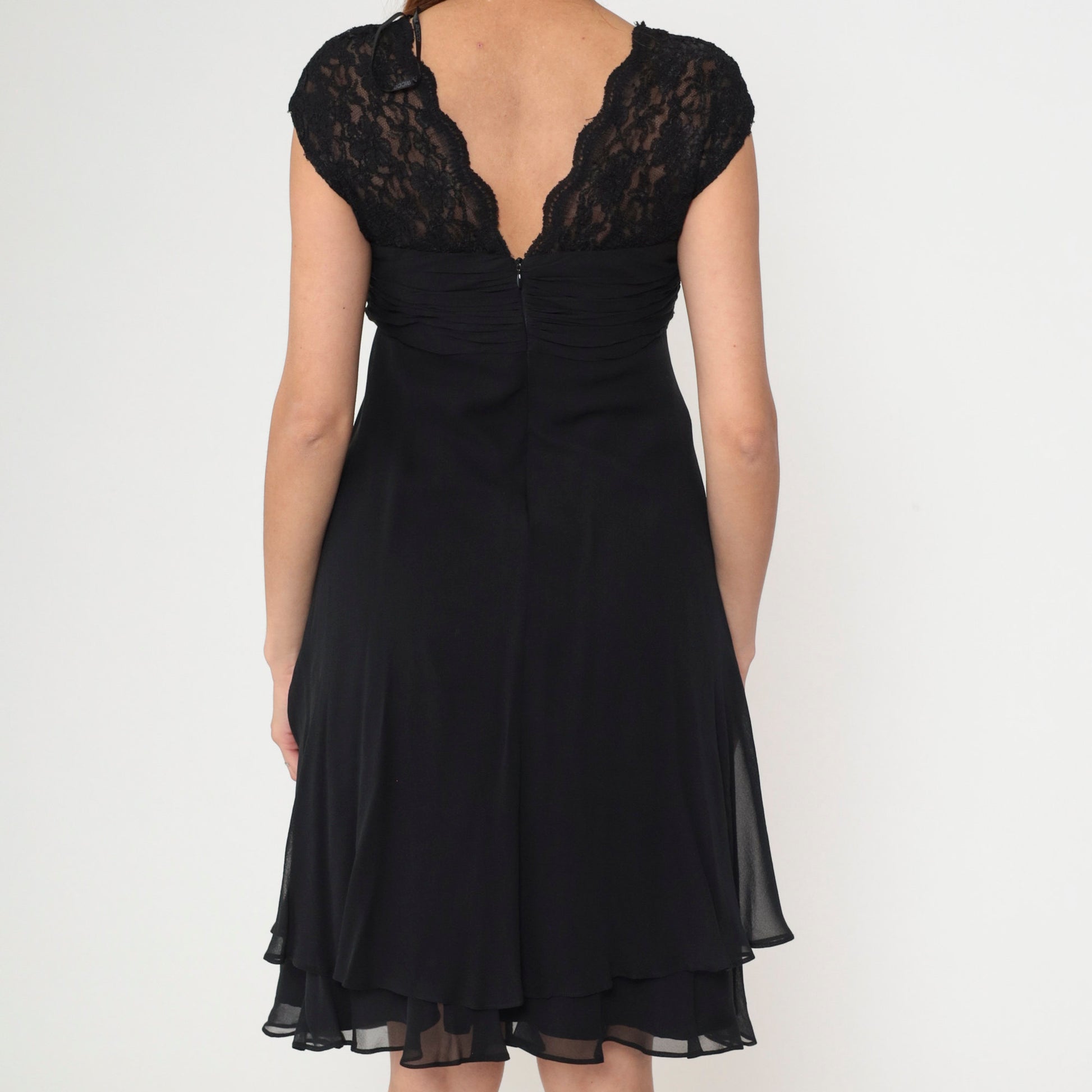90s Donna Ricco Black Lace Silk Dress V-Neck Cap Sleeves Midi Small