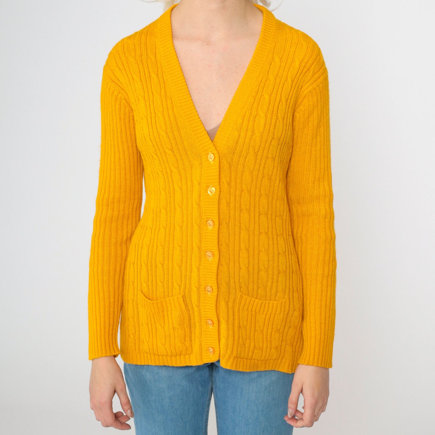 70s Tangerine Cable Knit Cardigan V Neck Button Up Orange Small