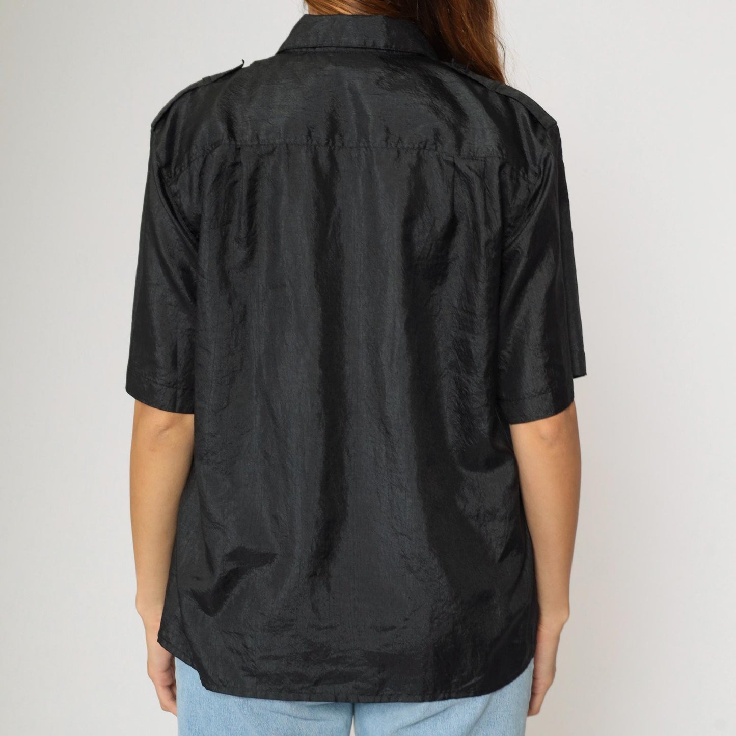 90s Black Polyester Button-Up Blouse Chest Pocket Short Sleeve Large L