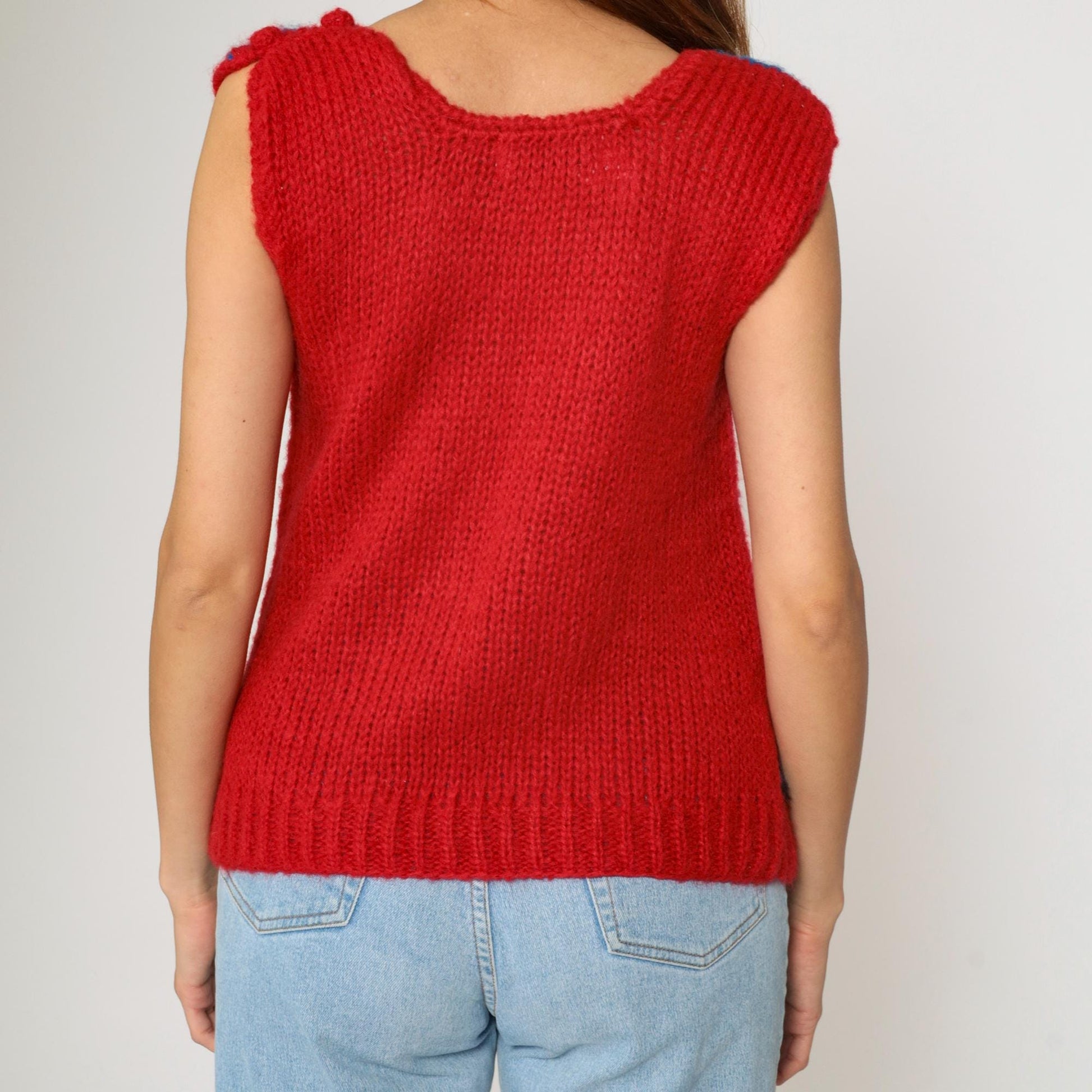 80s Checkered Knit Vest Red Blue Yellow Scoop Neck Sleeveless Small