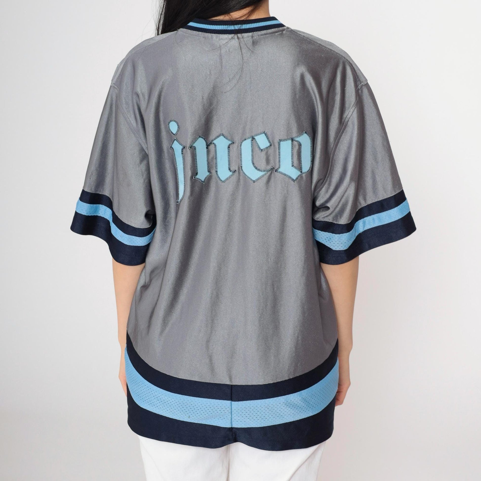 Y2K JNCO Winged Sabertooth Gargoyle Jersey Grey Blue V-Neck Small S