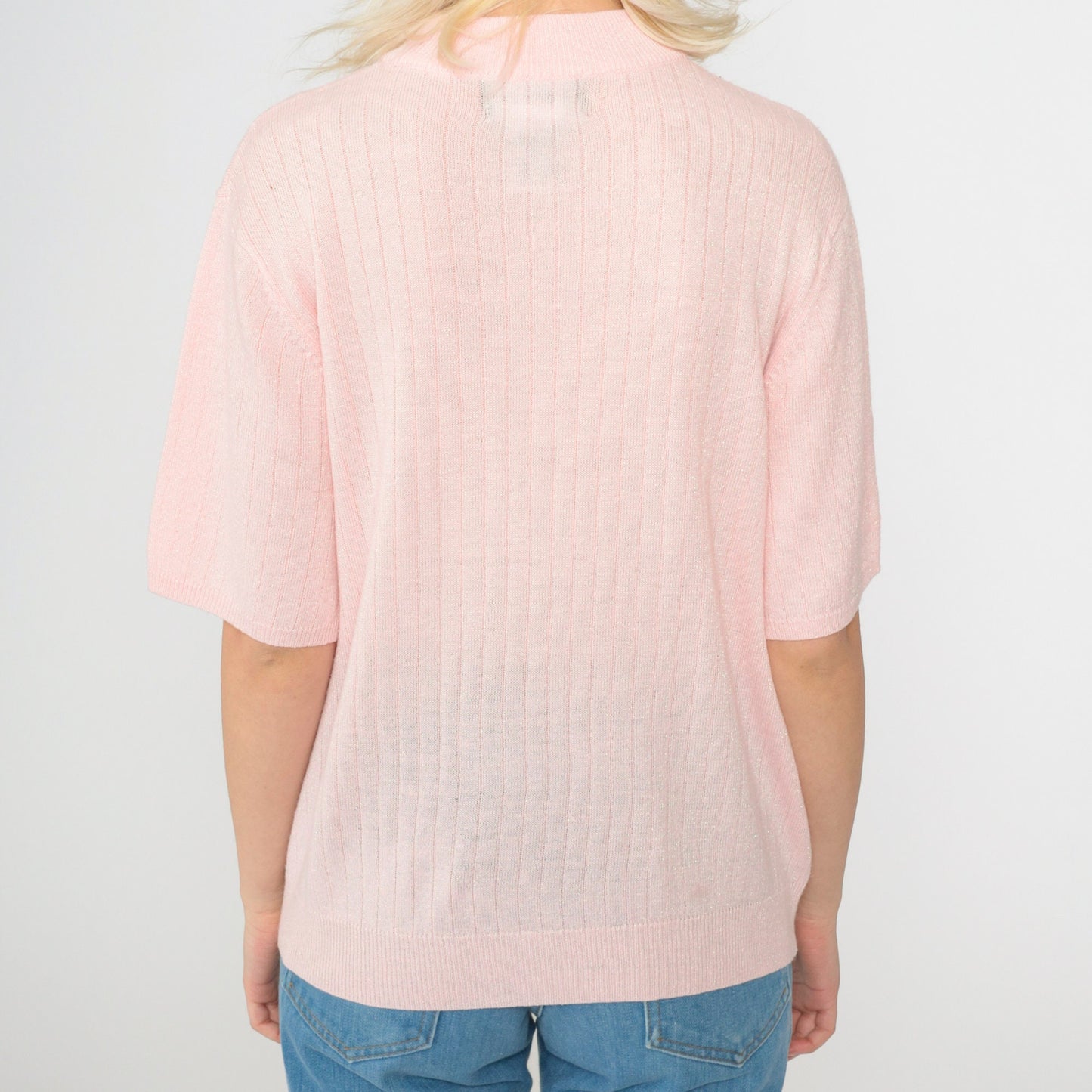 90s Sag Harbor Pink Metallic Knit Sweater Mock Neck Short Sleeve Extra Large XXL