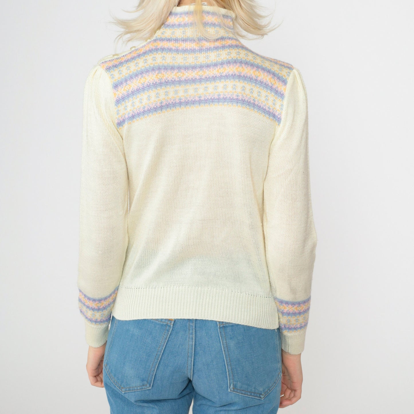 80s Fair Isle Sweater Ivory Puff Sleeve High Neck Knit Pullover Extra Small