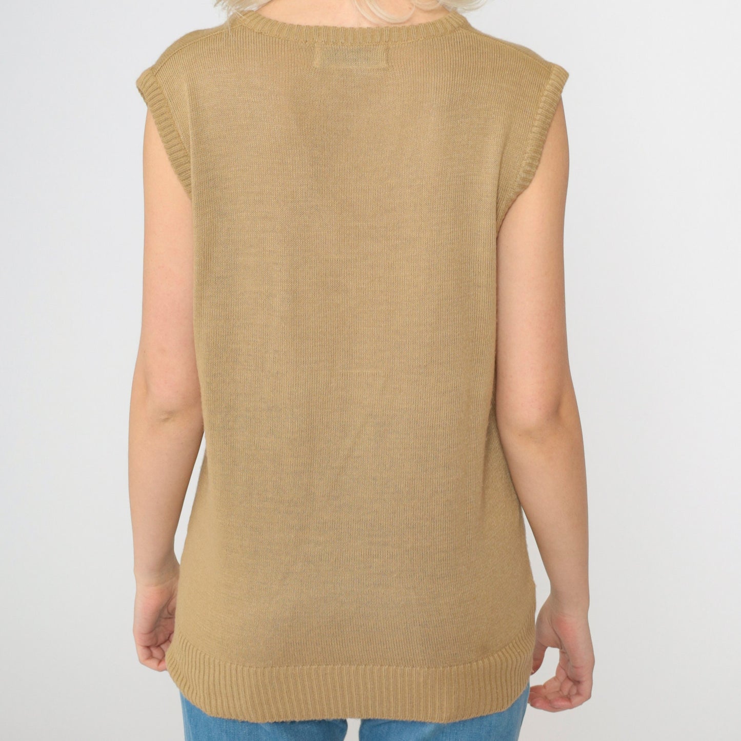 70s Tan Knit Sweater Vest V-Neck Sleeveless Tank Top Medium