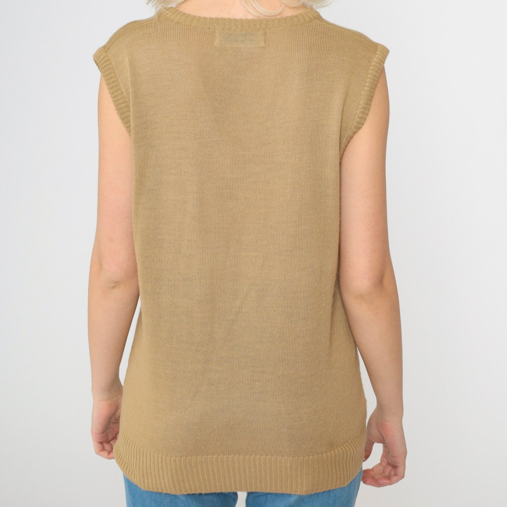 70s Tan Knit Sweater Vest V-Neck Sleeveless Tank Top Medium