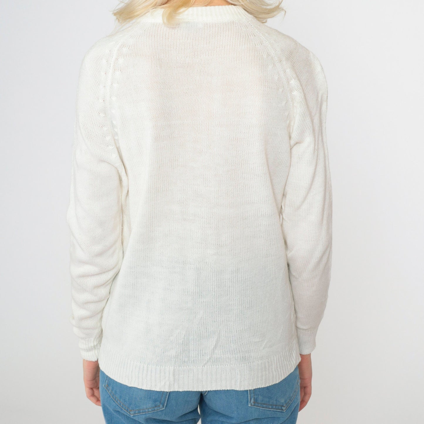 70s White Pointelle Cardigan Open Weave Knit Button Up Raglan Medium