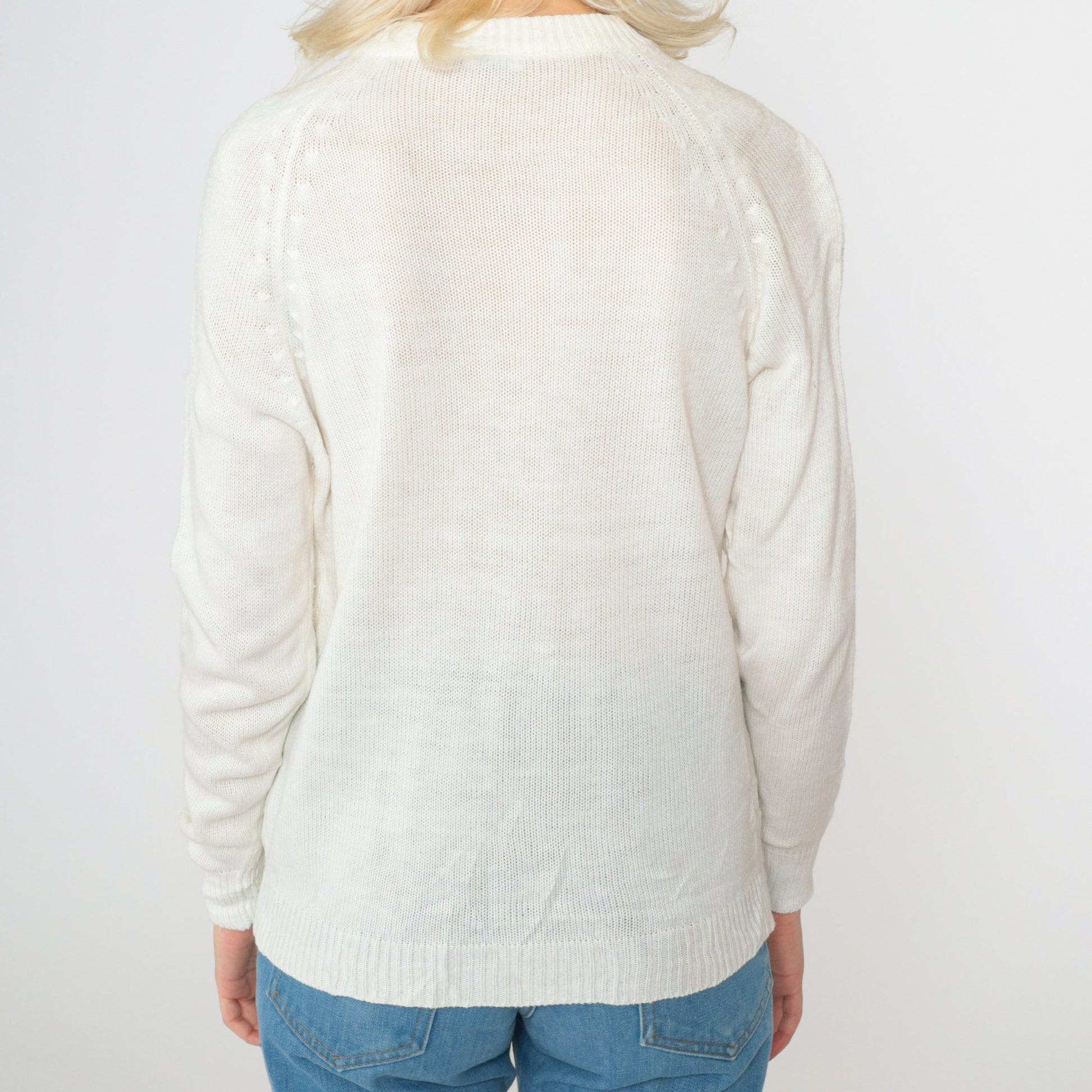 70s White Pointelle Cardigan Open Weave Knit Button Up Raglan Medium