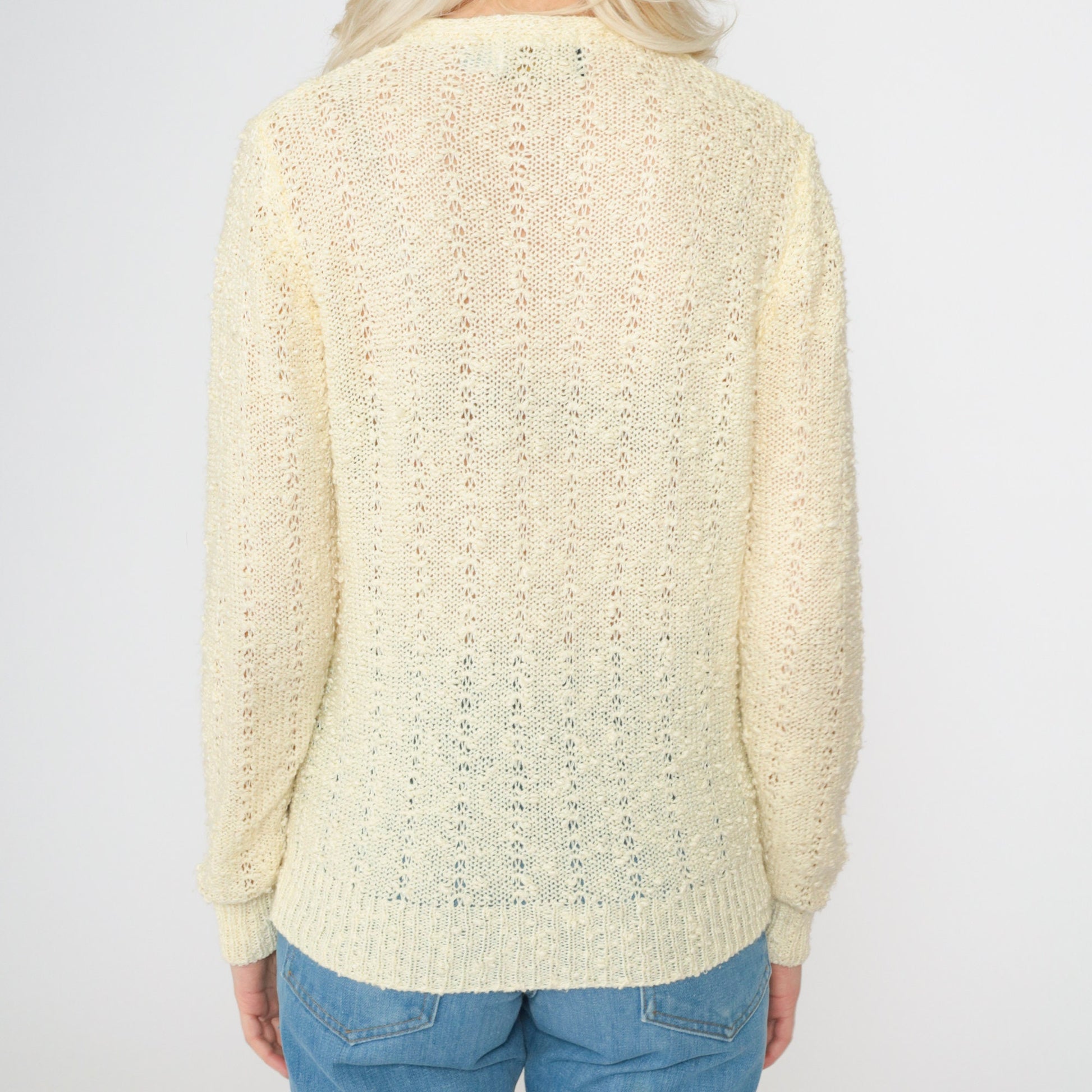 80s Le Roy Knitwear Pale Yellow Cardigan Pearl Buttons Pointelle Knit Small