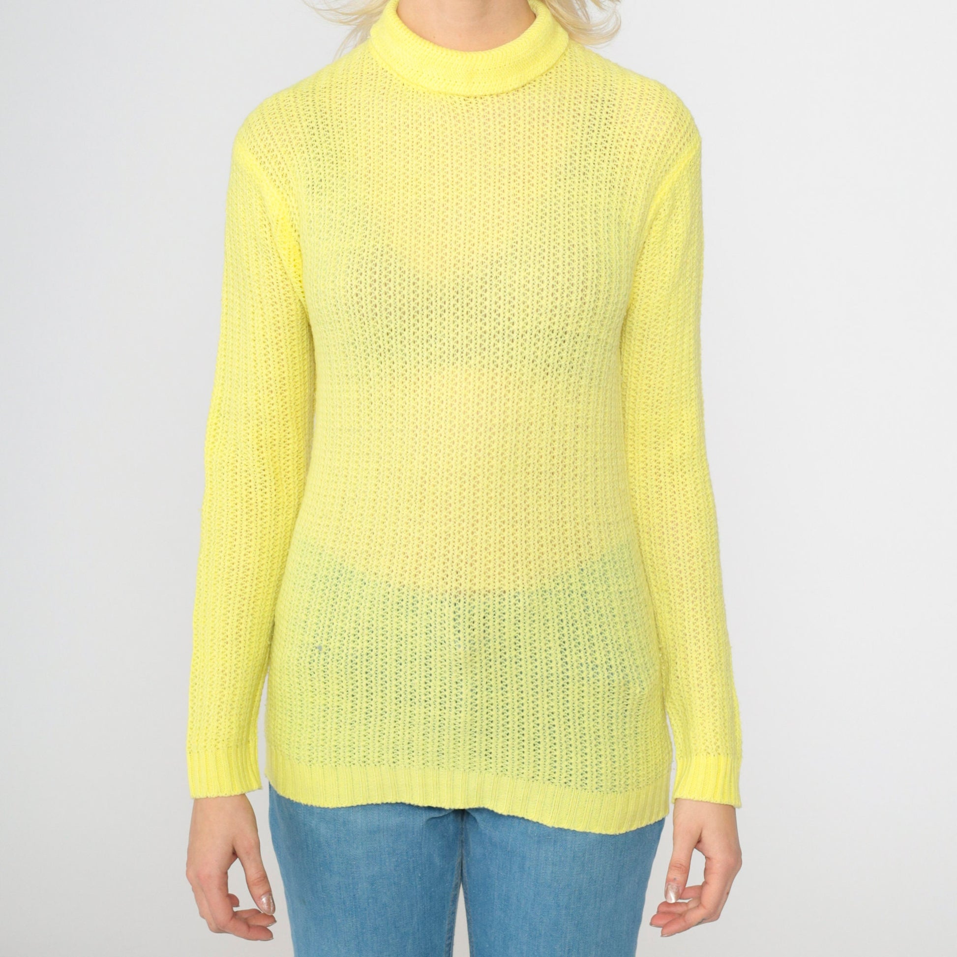 70s Yellow Sheer Turtleneck Sweater Cotton Knit Rear Zip Small