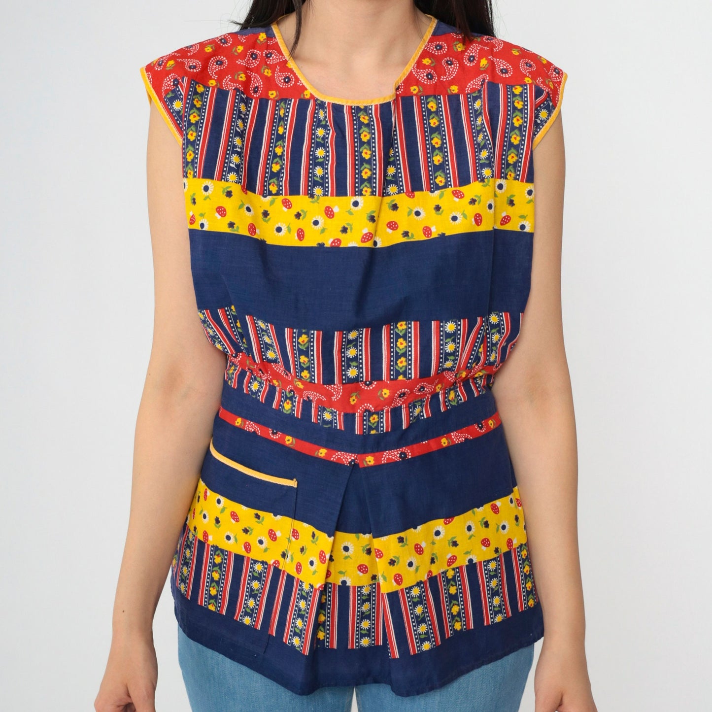 70s Patchwork Sleeveless Tunic Blouse Open Back Belted Yellow Navy Medium