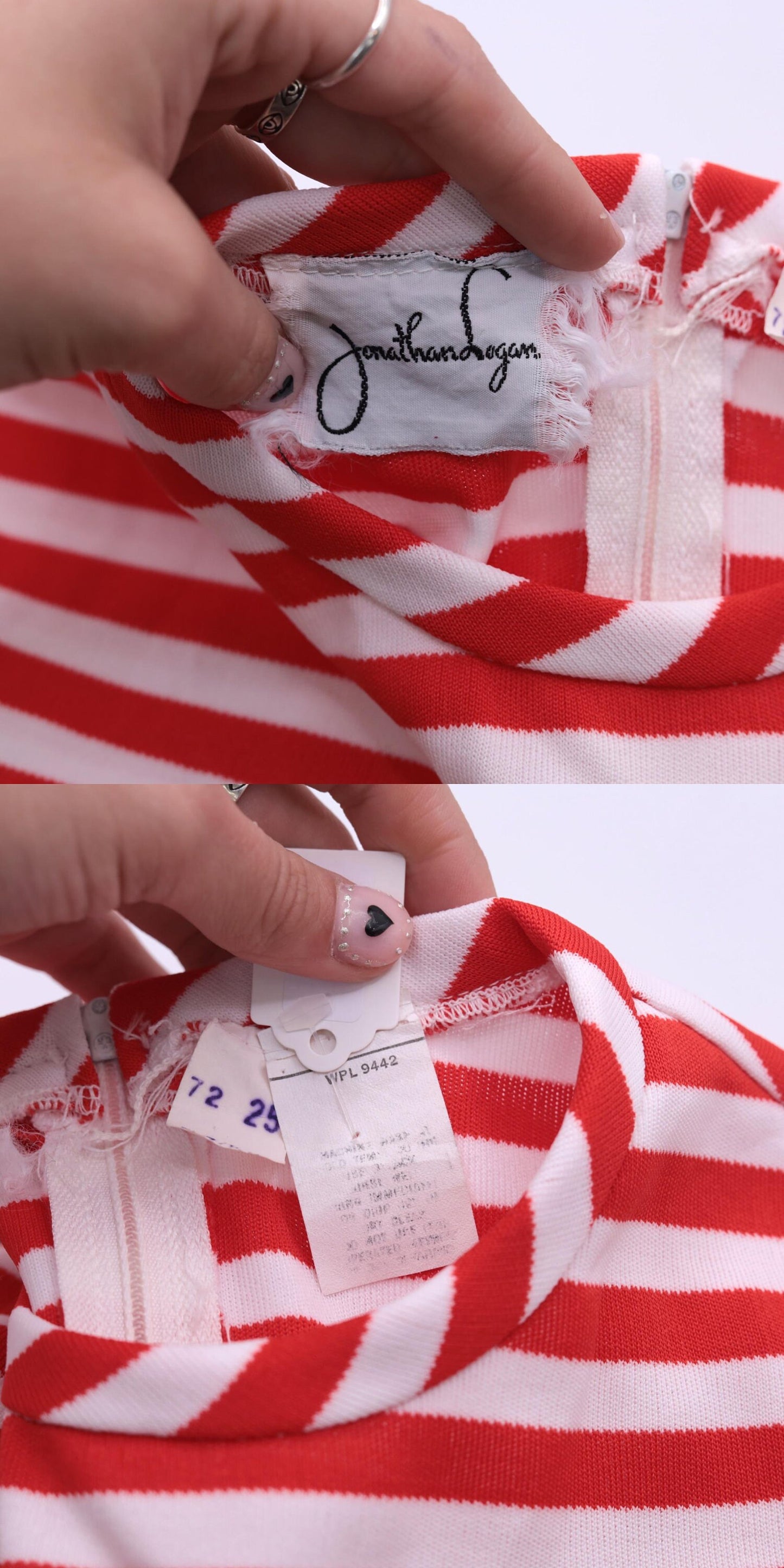 70s Jonathan Logan Striped Blouse Red White Short Sleeve Rear Zip Small