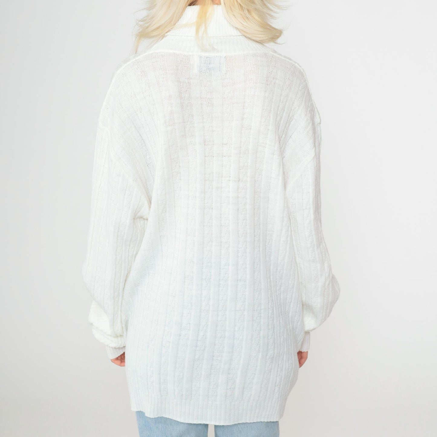80s White Cable Knit Turtleneck Sweater Pullover Extra Large Long