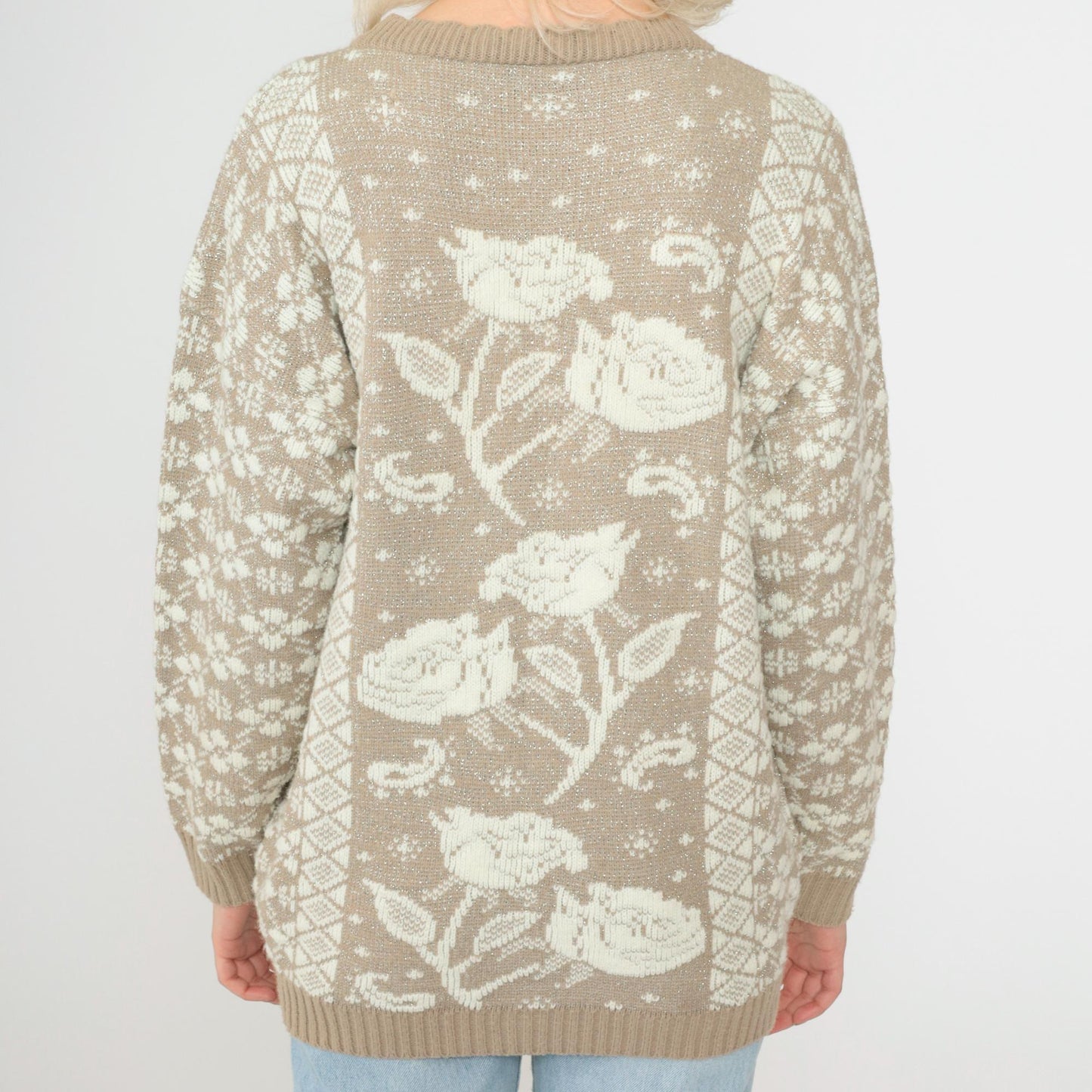 80s Metallic Floral Geometric Knit Sweater Taupe Medium M