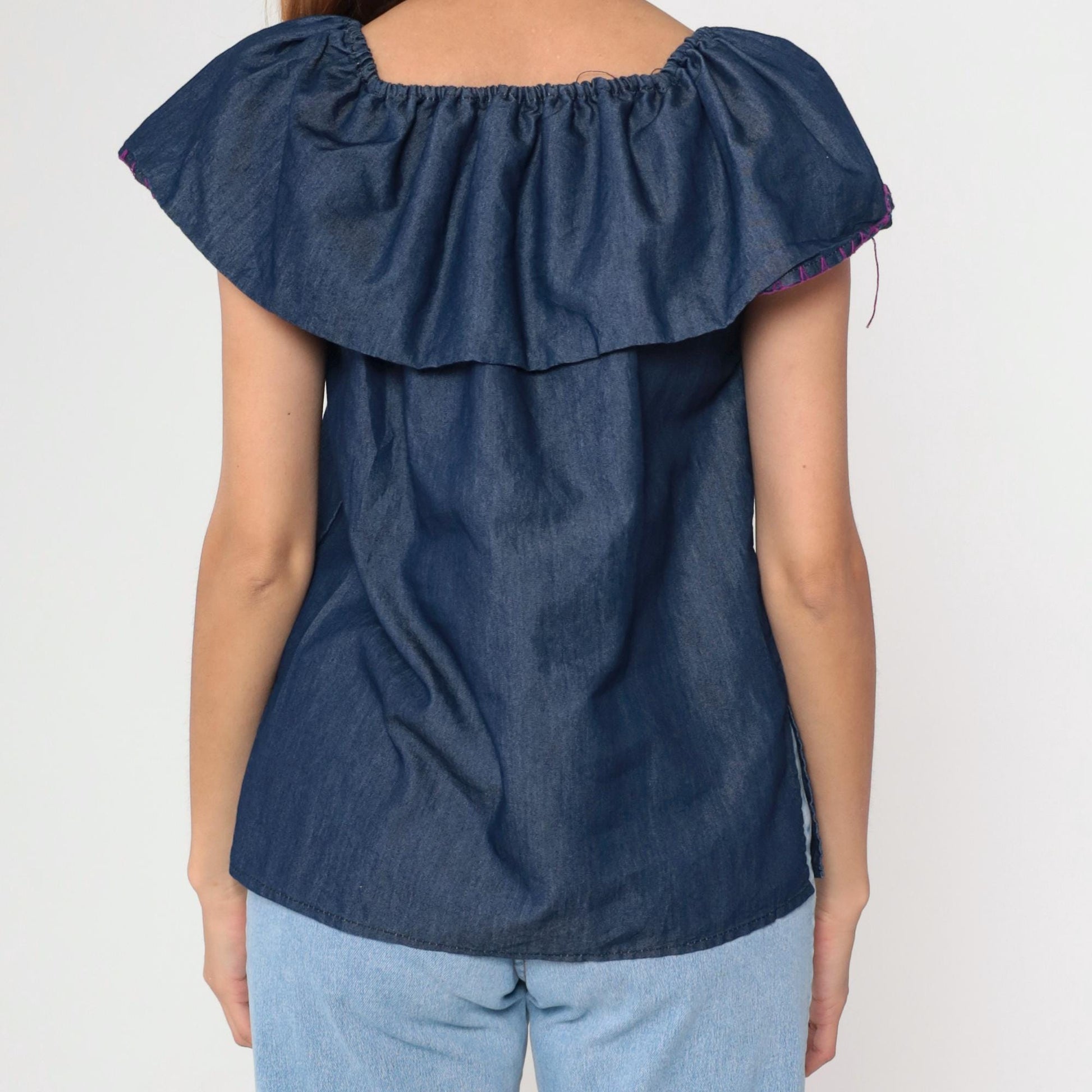 90s Mexican Chambray Blouse Embroidered Floral Elastic Neckline Tunic Medium