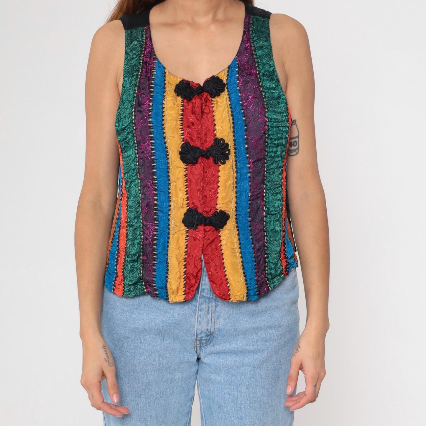 90s Brocade Striped Vest Frog Closure Sleeveless Scoop Neck Medium