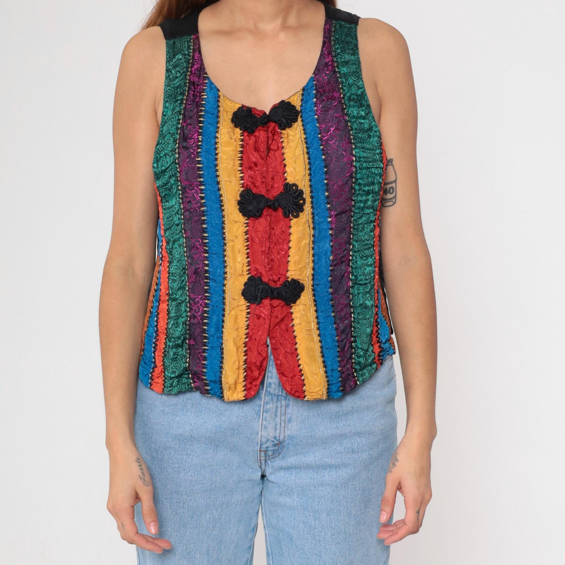 90s Brocade Striped Vest Frog Closure Sleeveless Scoop Neck Medium