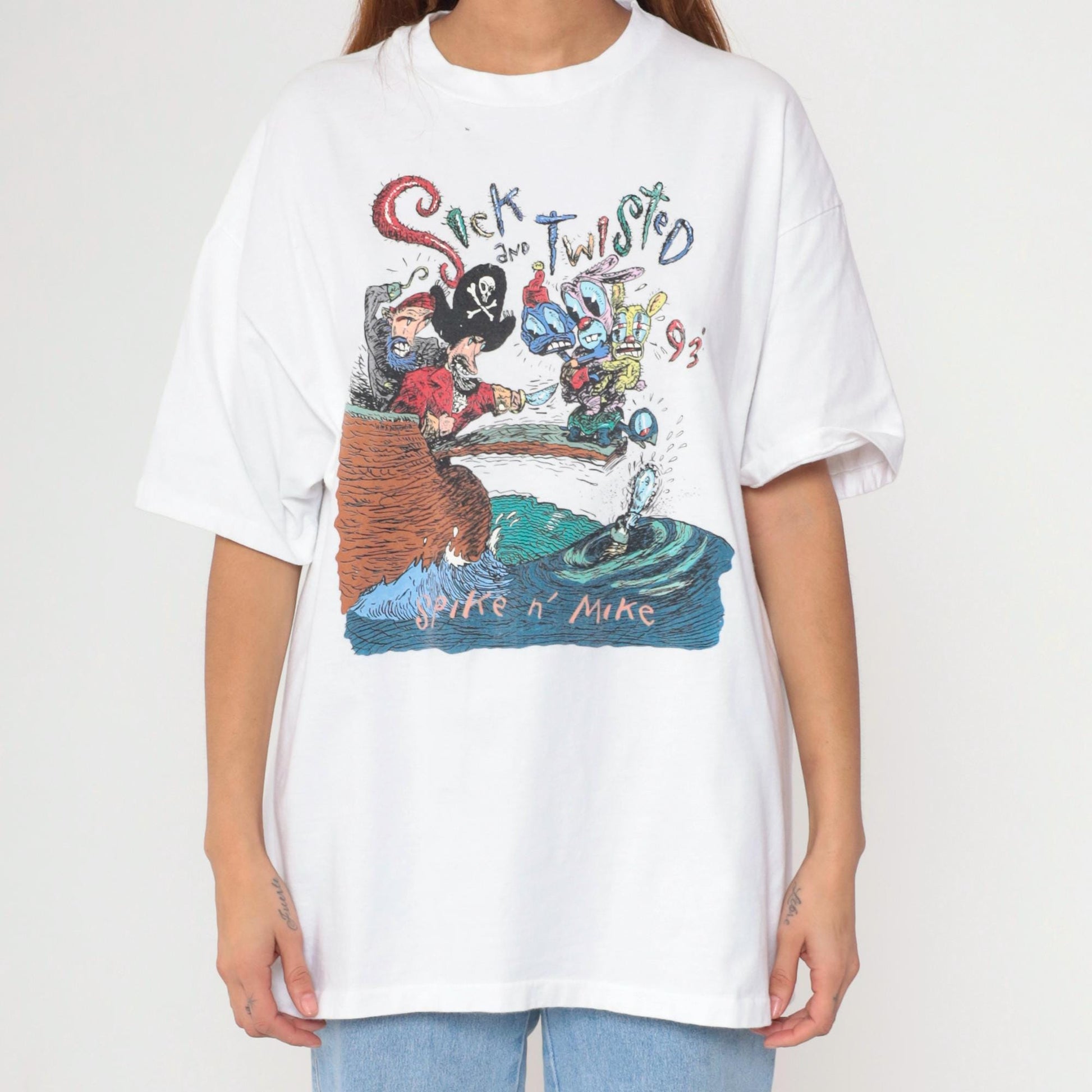 90s Spike n' Mike Sick and Twisted Festival Animation T-Shirt 1993 Pirate Graphic White Extra Large XL