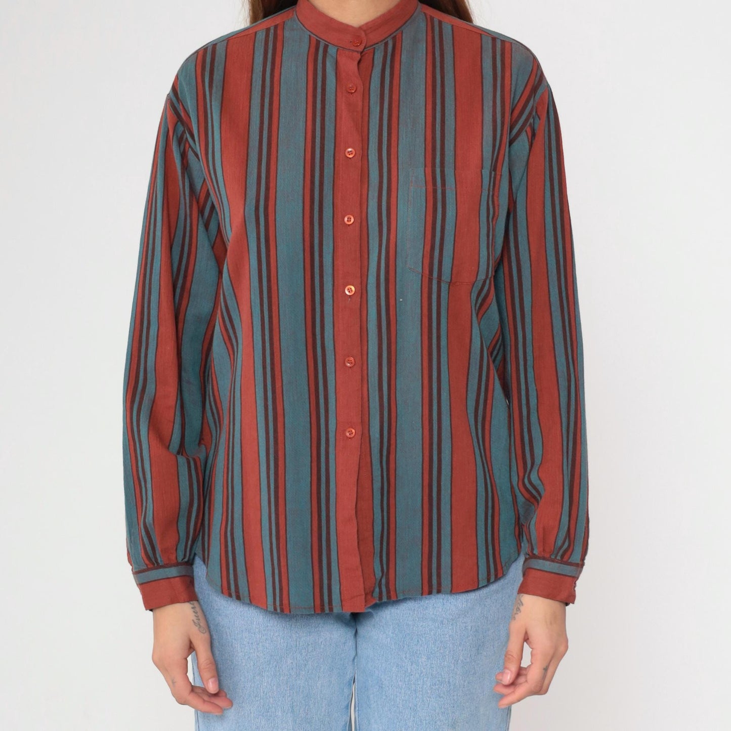 80s Lady Manhattan Striped Button-Up Blouse Rust Red Turquoise Mandarin Collar Large