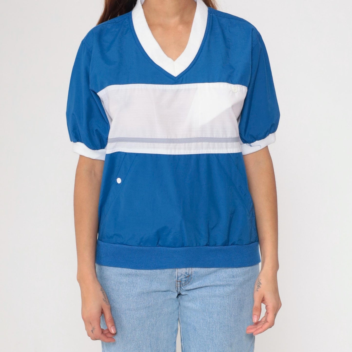 80s Pierre Cardin Ringer Tee White Blue Colour Block V-Neck Small S