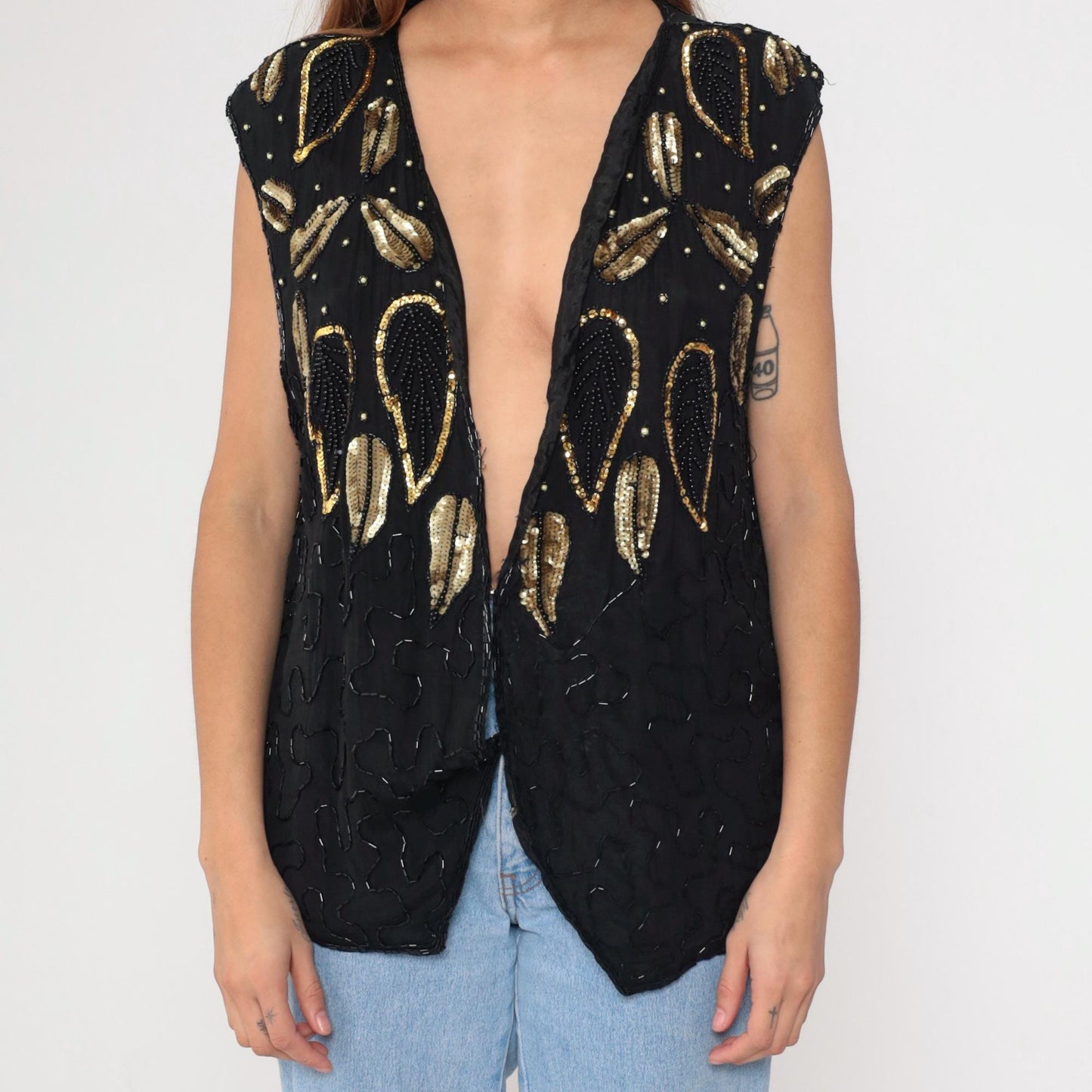 90s Midnight Run Black Silk Beaded Vest Gold Leaf Sequin Deep V Medium